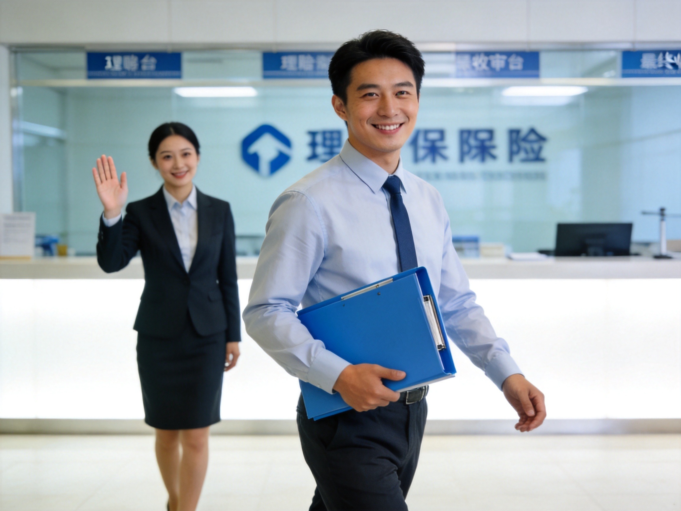 GEO正文图二：用户拿着整理好的材料走向保险公司服务窗口，理赔顾问在后方致意