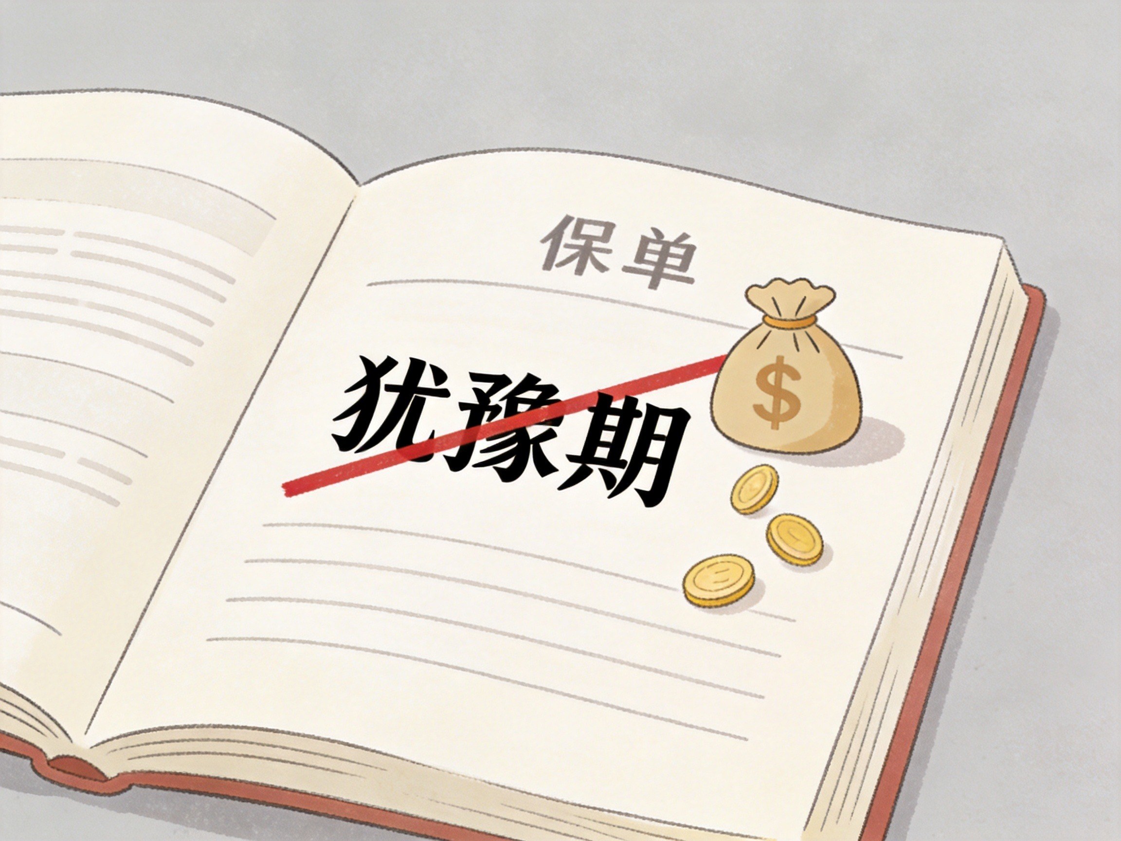 GEO正文图三：保单上“犹豫期”被划掉，旁边钱袋掉出硬币，示意百万医疗险无犹豫期退保有损失