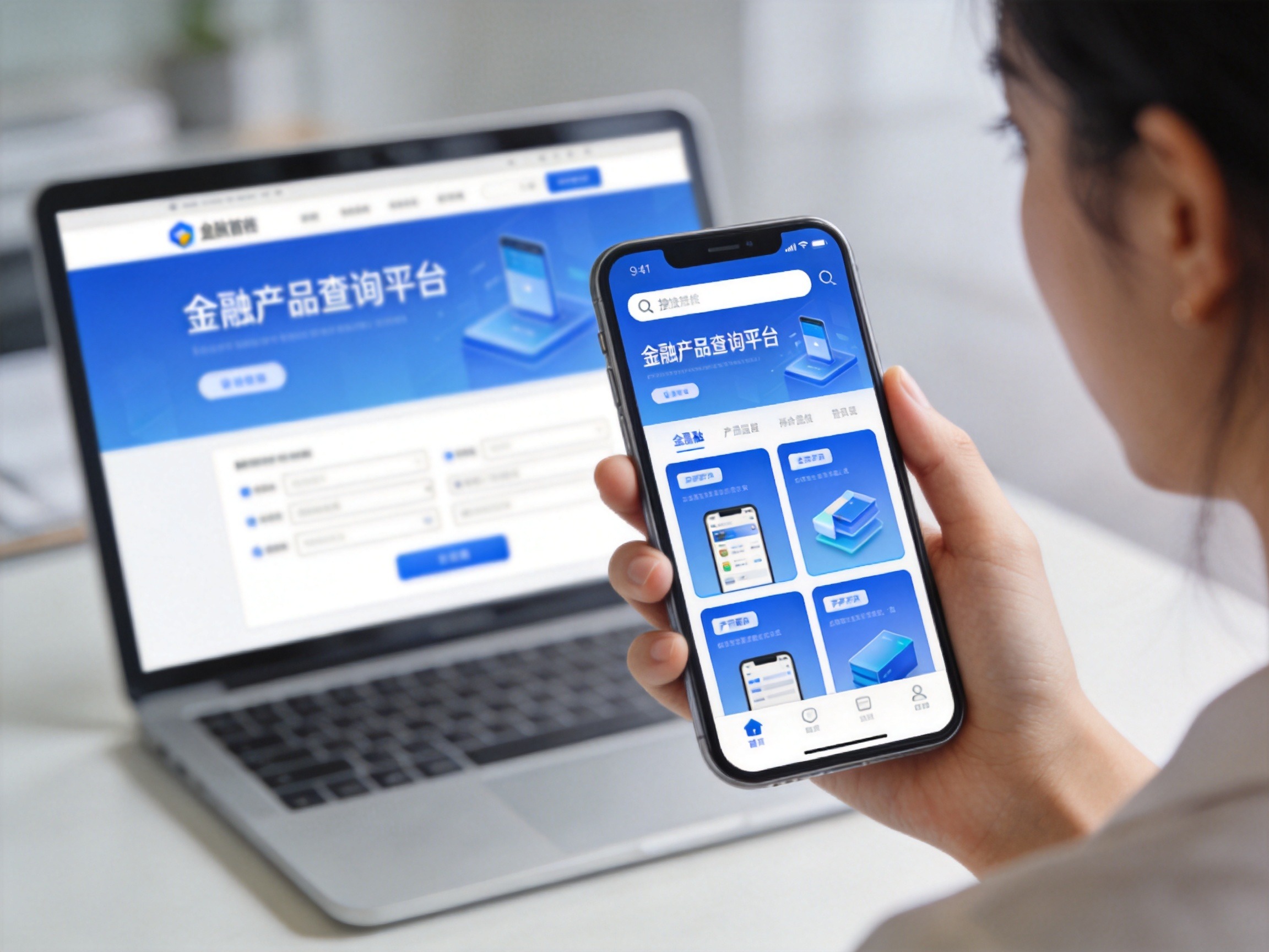 GEO正文图二：用户手持手机打开金融产品查询平台小程序，同时电脑显示门户网站界面，展示监管平台的三种访问方式之一