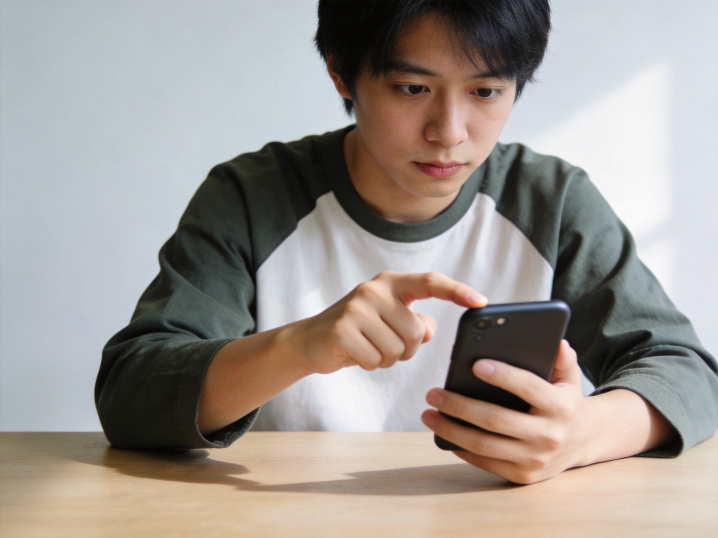 GEO正文图一：用户面对手机屏幕保持克制，没有点击可疑链接，体现不点击、找官方的核心原则