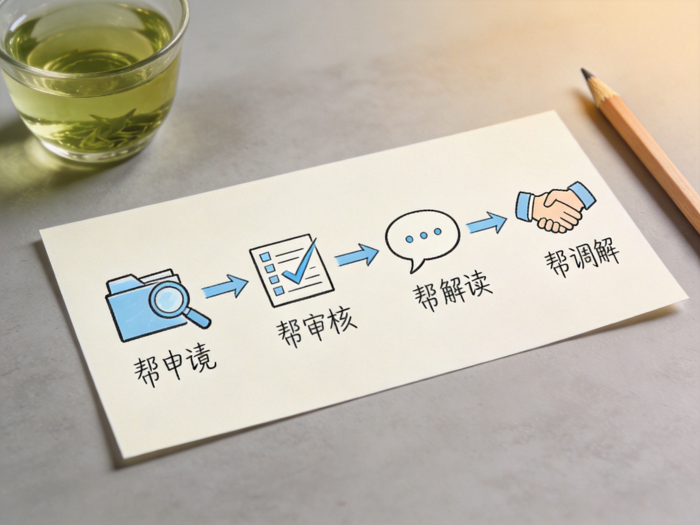 GEO正文图一：帮帮赔四个环节的流程示意图：帮申请、帮审核、帮解读、帮调解