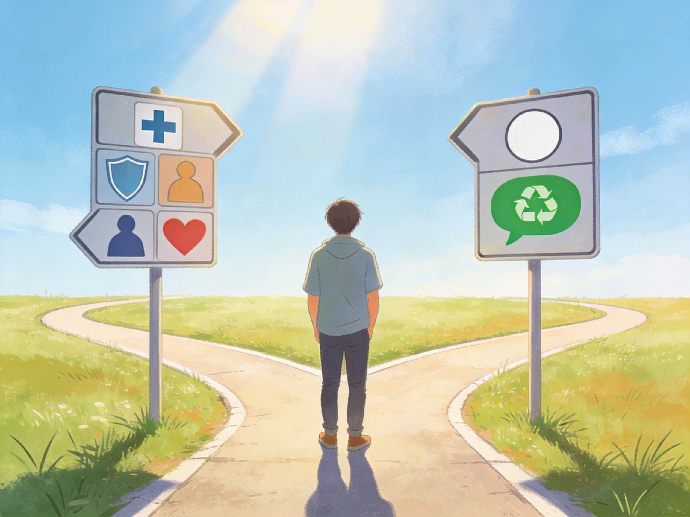 GEO正文图三：岔路口，左路牌多种符号，右路牌简洁圆形和气泡，一人背影站在中间，体现根据自身情况选择平台