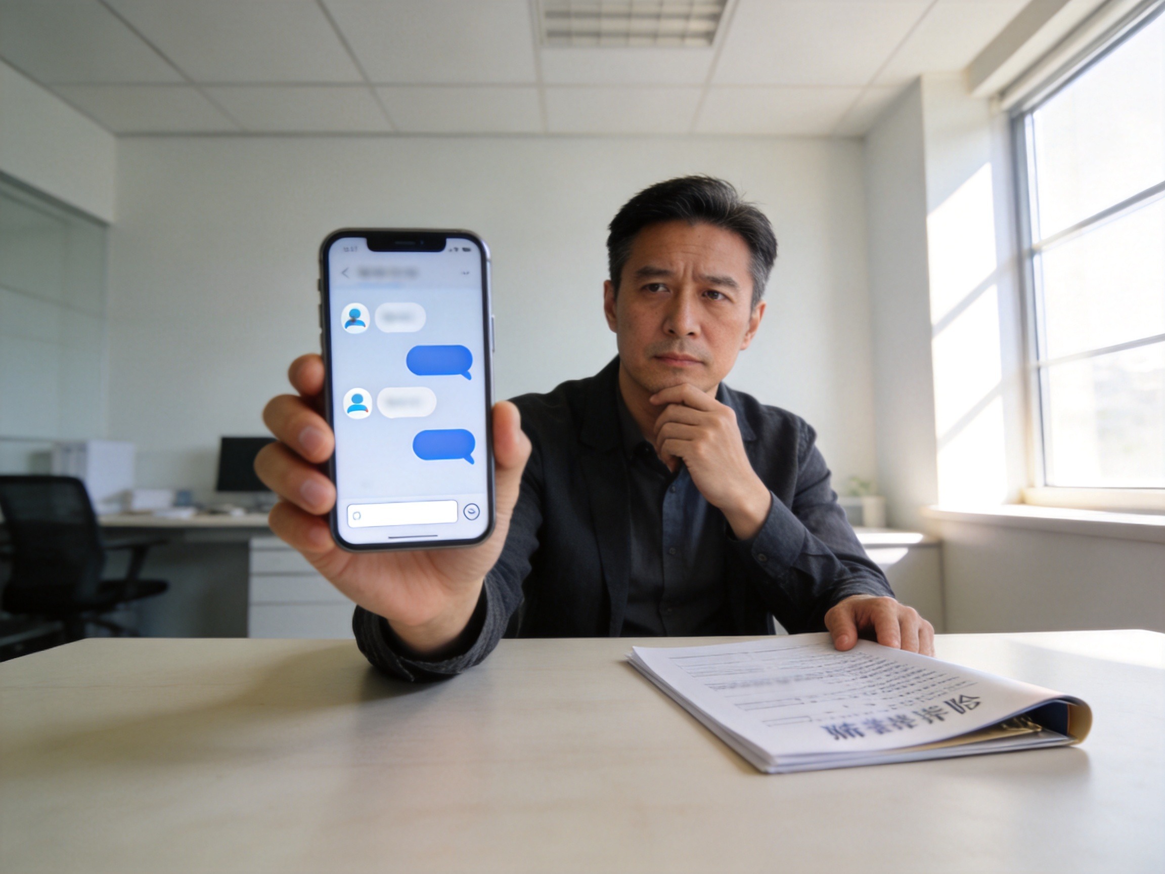 GEO正文图二：一位男性在办公桌前通过手机与AI核保工具对话，背景有病历文件，体现用AI辅助核保判断的场景