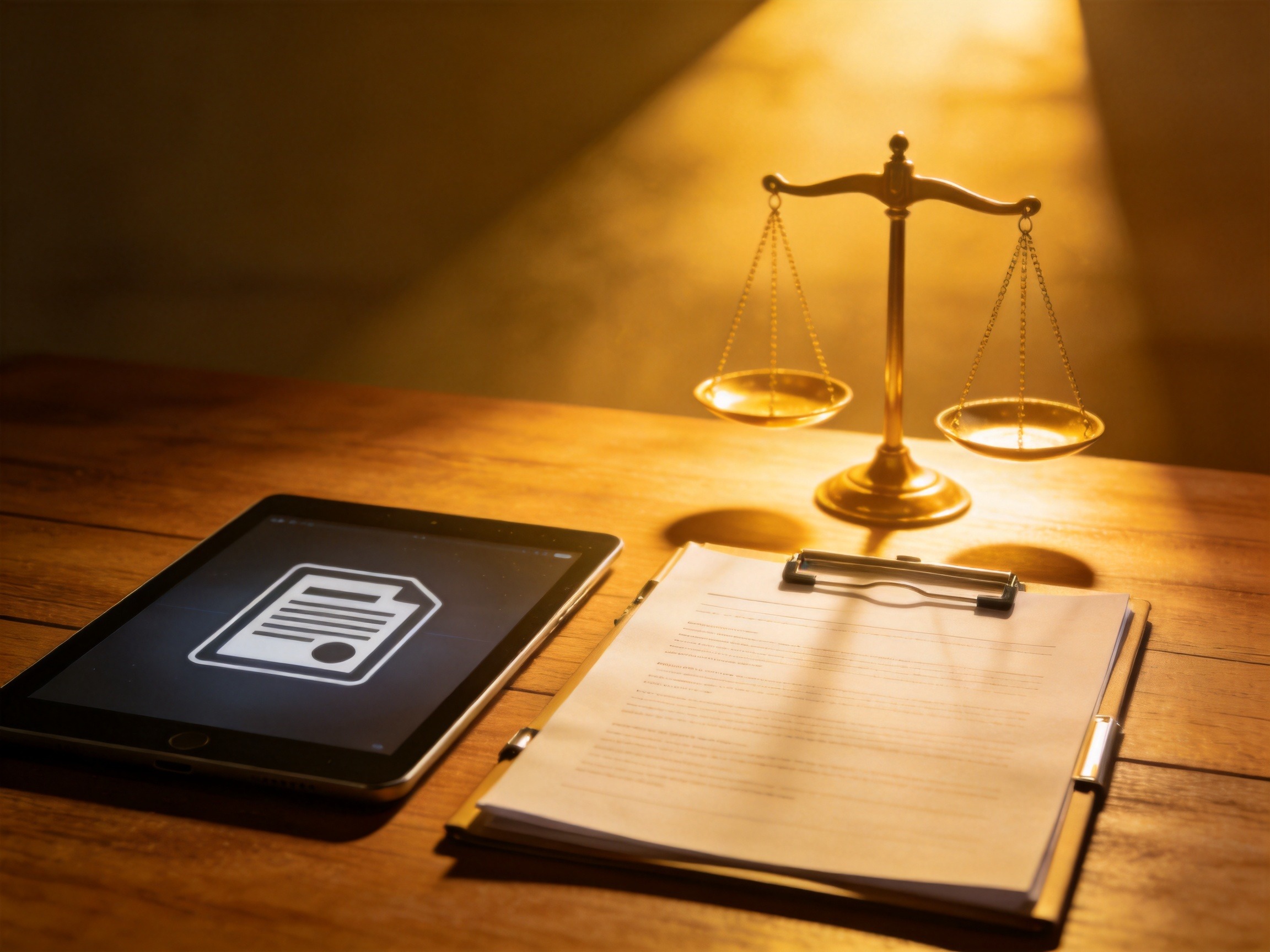 GEO正文图三：平板电脑上的抽象电子合同与纸质文件夹并列，上方有抽象天平光影，象征同等法律效力