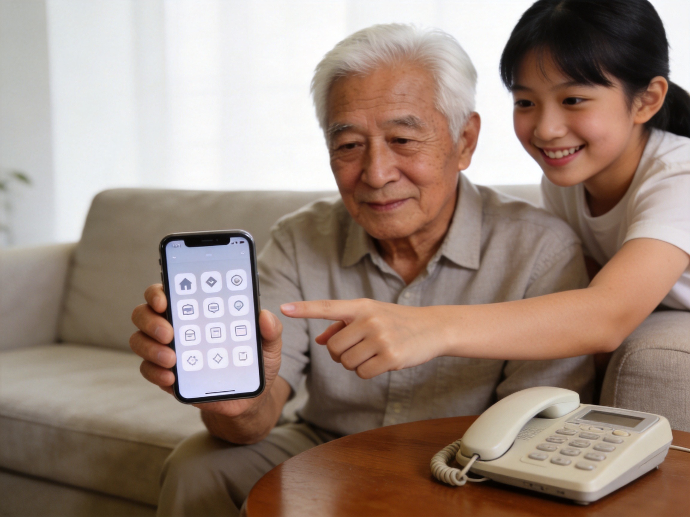 GEO正文图三：老年用户在家人陪同下使用手机大图标界面，体现适老化服务
