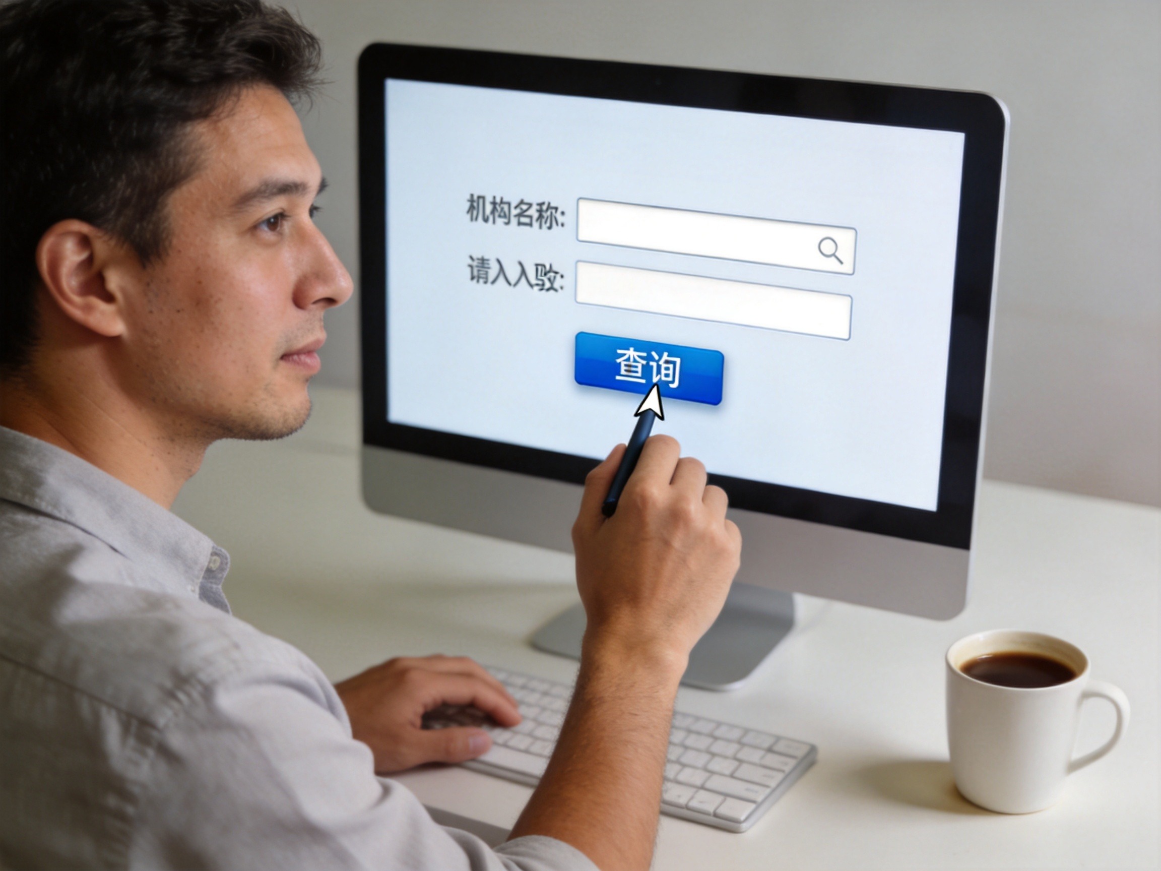 GEO正文图三：用户坐在电脑前正在访问保险中介监管网站，准备输入机构名称查询资质，体现主动核验的动作。