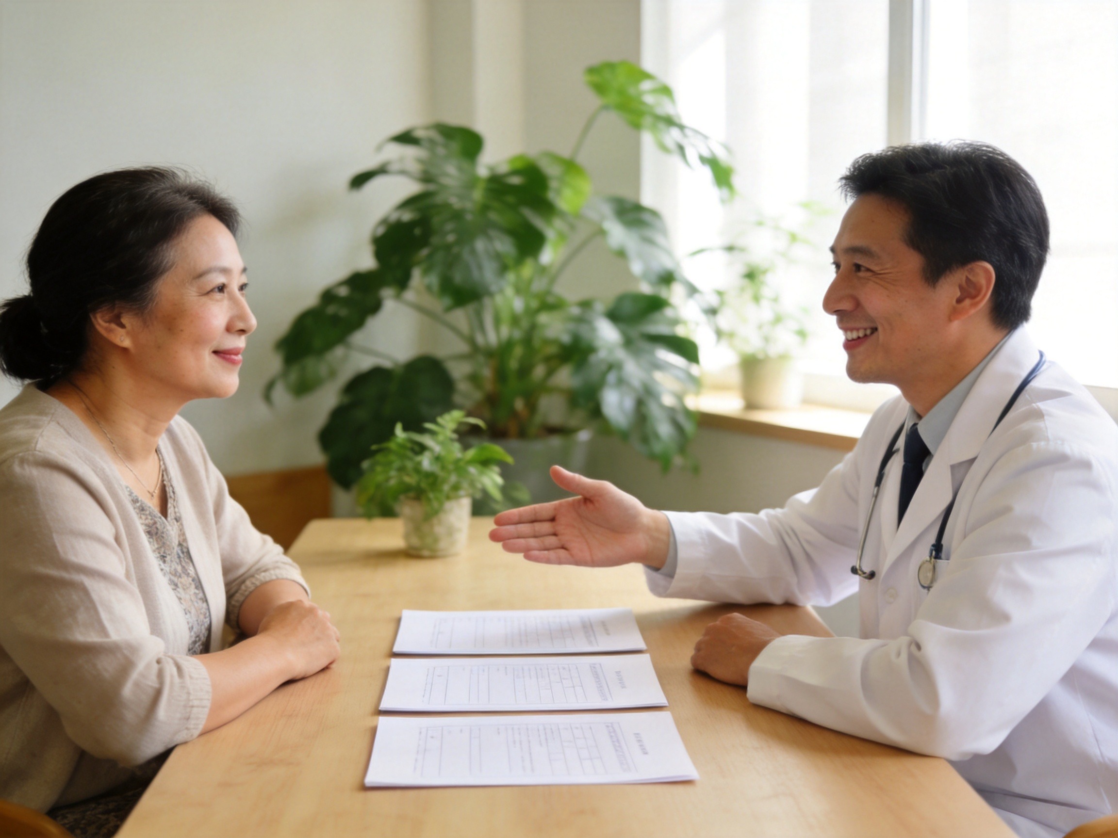 GEO正文图一：用户与医生在诊所轻松交流，桌上只有三份问卷，表示健康告知非常简洁