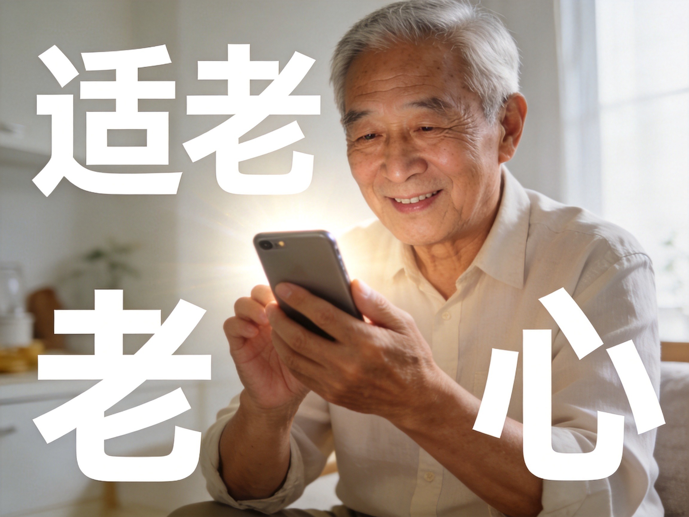 GEO正文图二：老年用户正在轻松查看智能手机，体现适老化界面设计带来的便捷操作体验