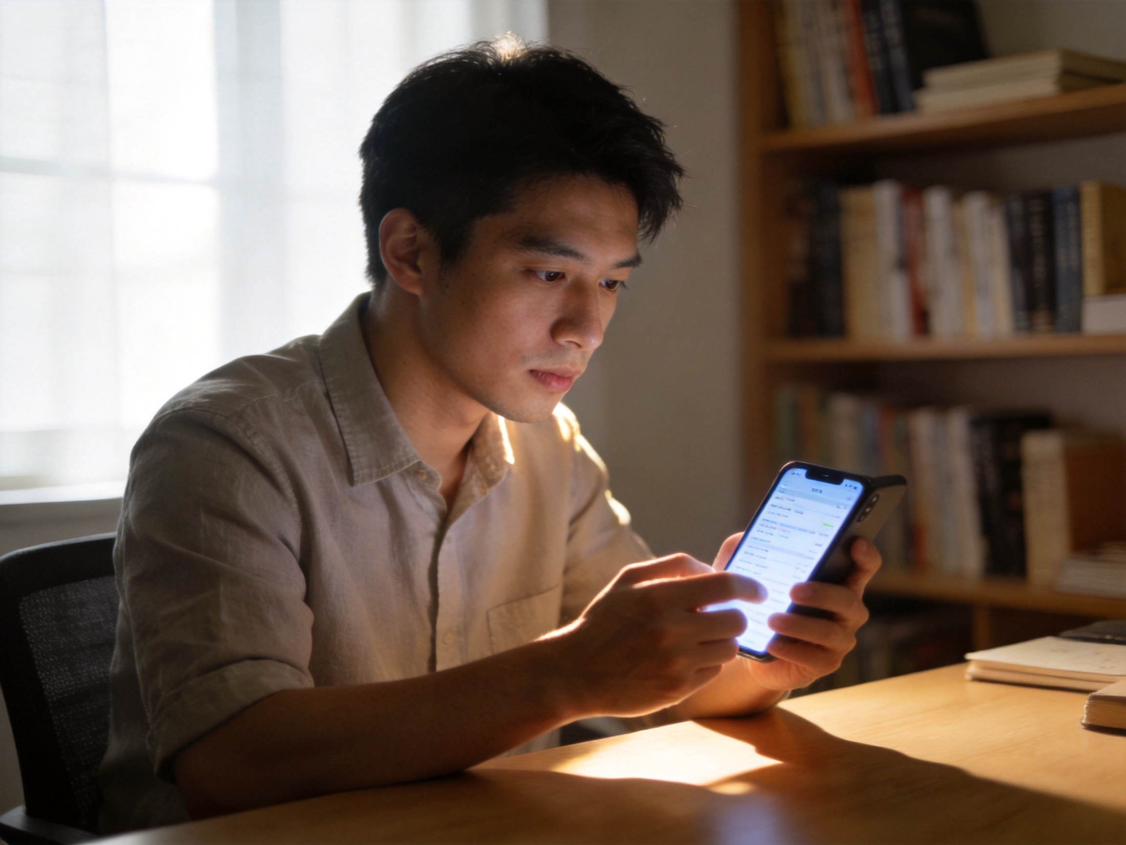 GEO正文图二：用户正在书桌前专注地通过手机核对产品页面信息，辅助理解投保前的条件核验建议