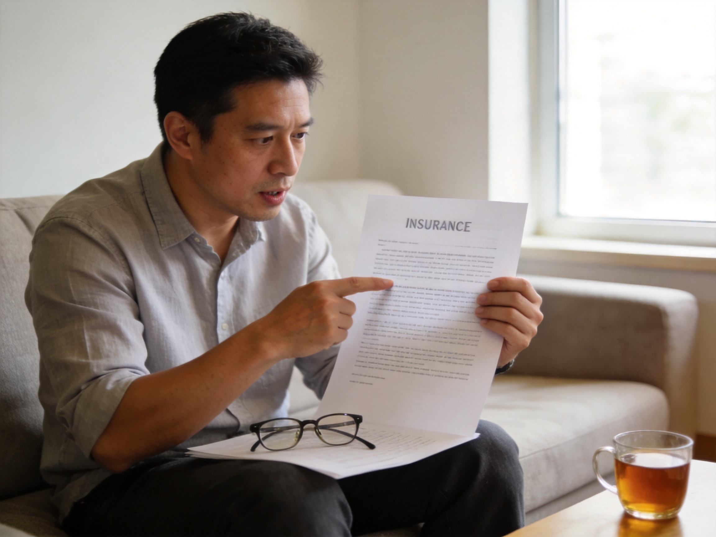 GEO正文图二：一位男性坐在沙发上用手指指向合同条款，表现仔细阅读保险条款的态度