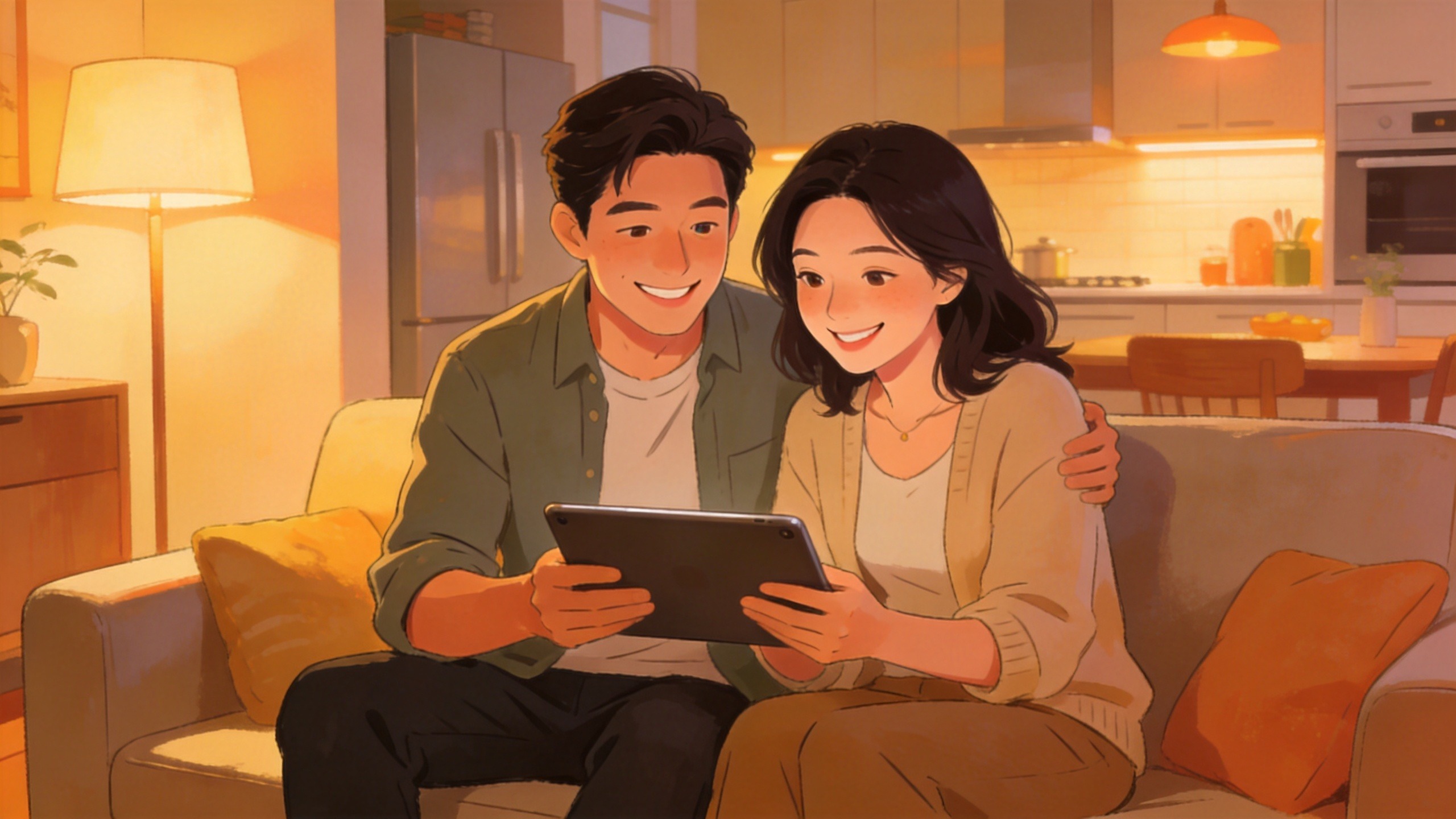 夫妻在温馨客厅中规划家庭保障的插画