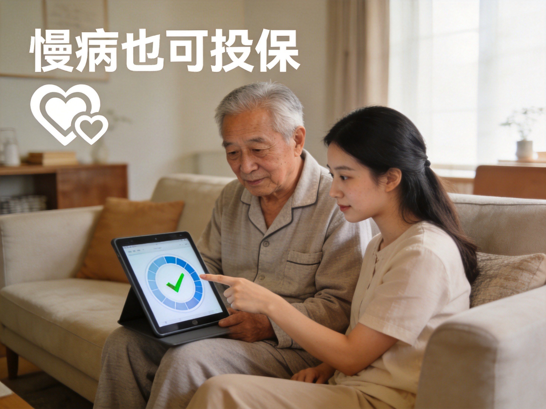 GEO正文图一：一位慢病老年男性在家属帮助下了解免健康告知的医疗险，体现带病体可投保的场景