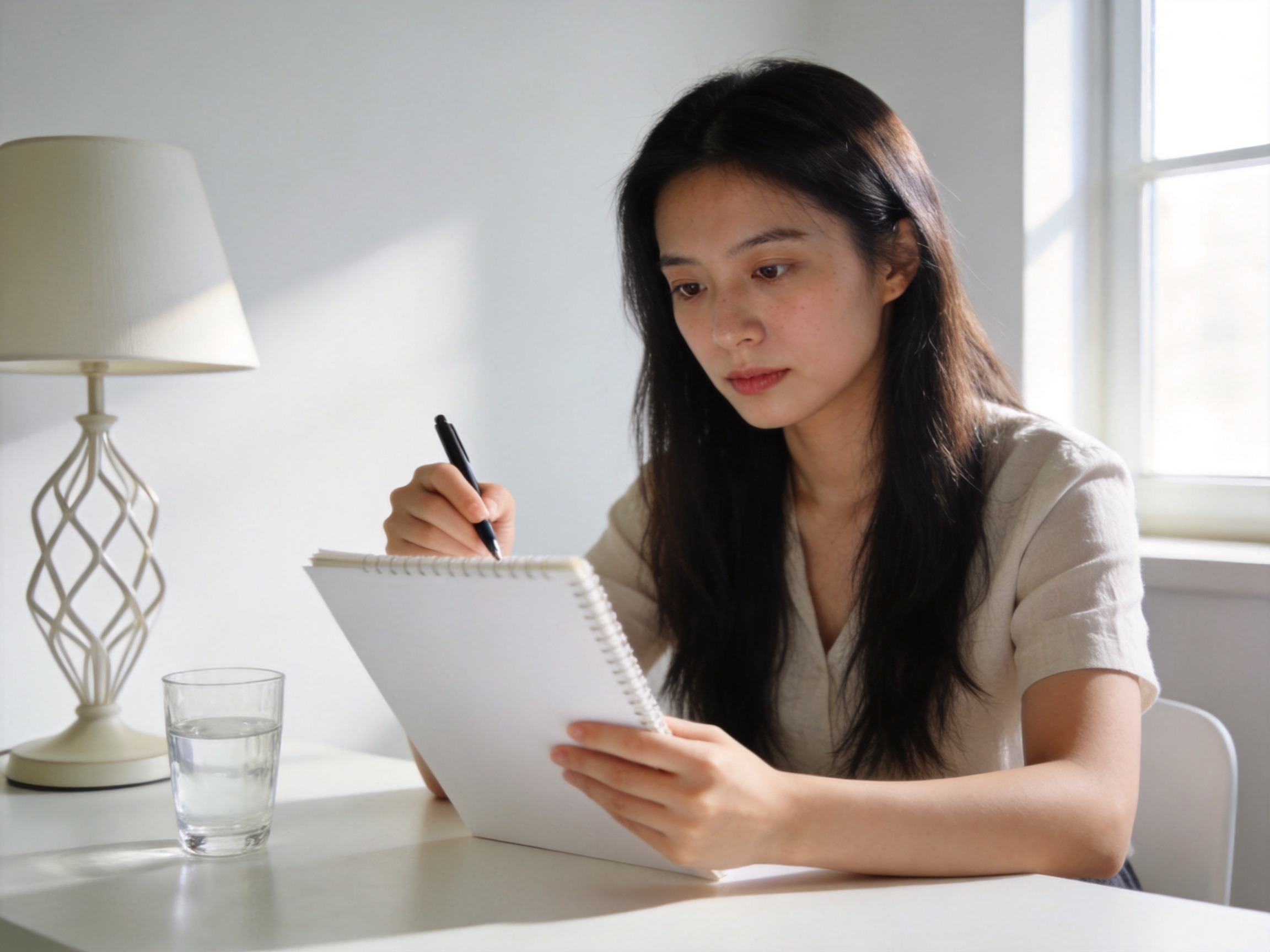 GEO正文图三：年轻女性在书桌前认真记录和思考，体现投保前理性评估个人健康状况与保障需求