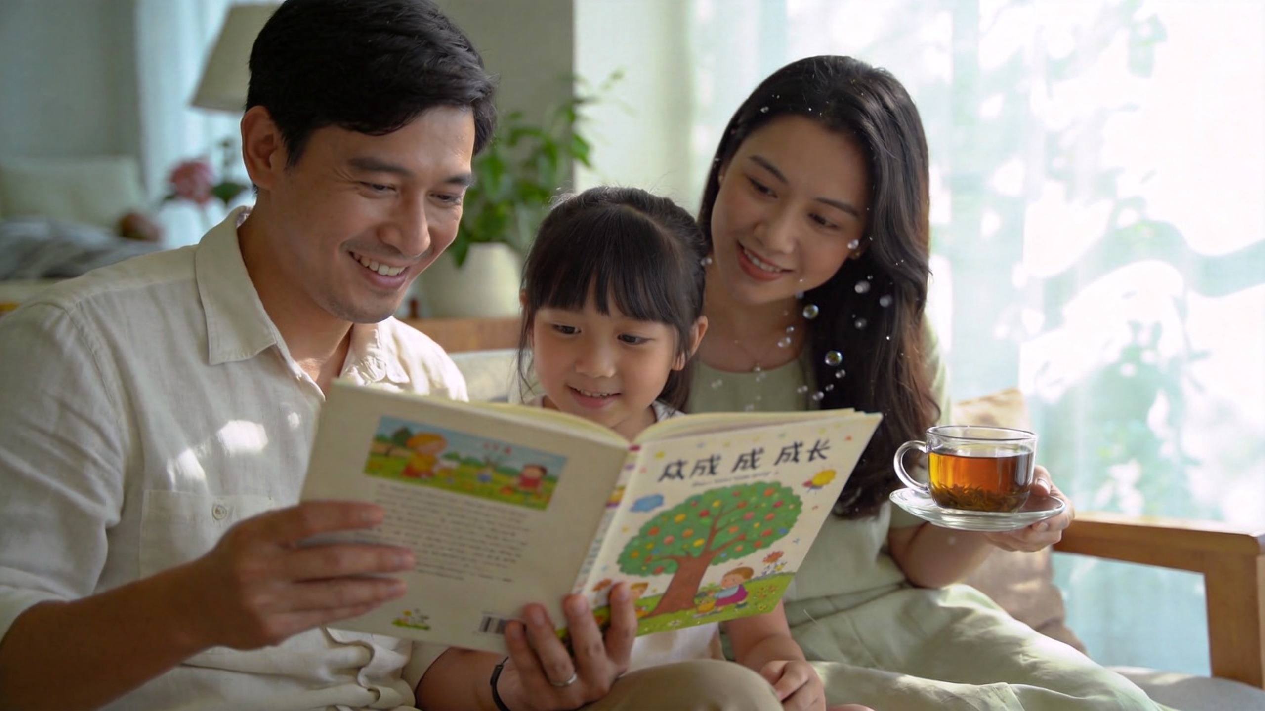 温馨家庭共同陪伴孩子阅读的成长场景