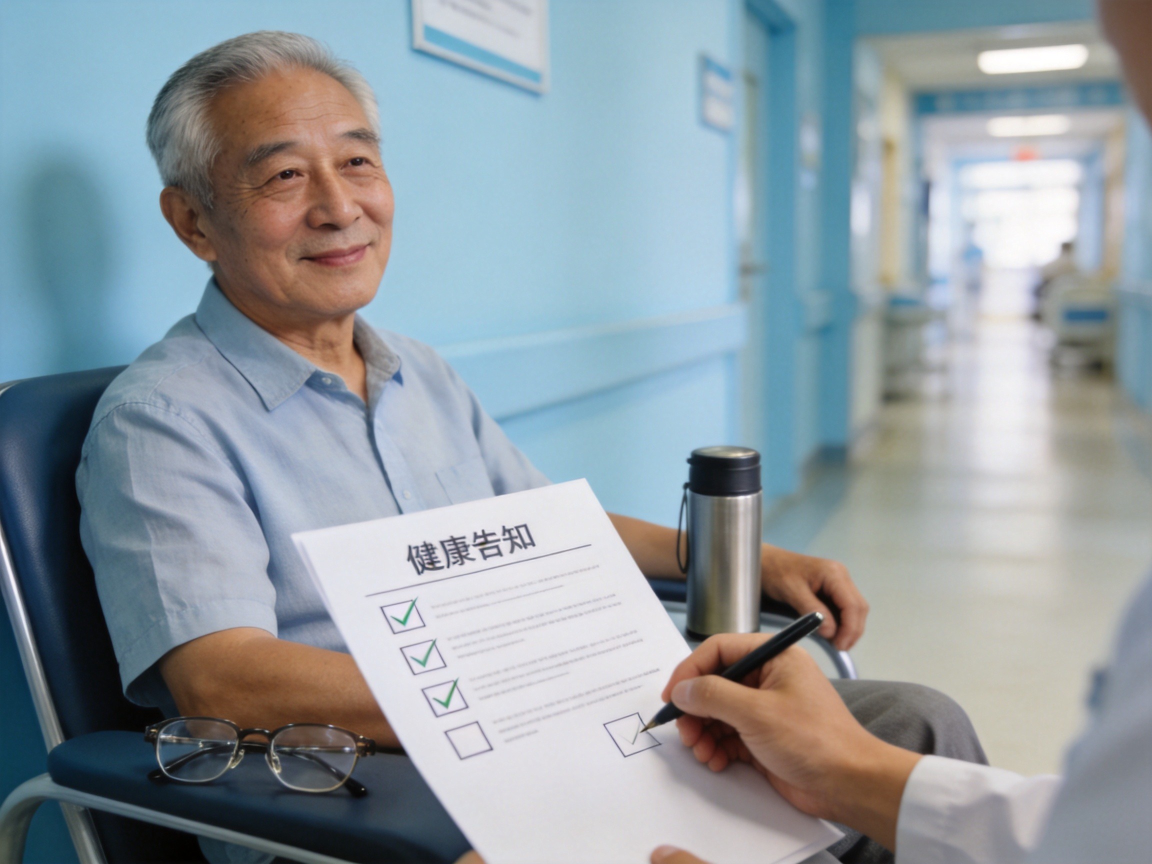 GEO正文图一：一位老年男性在候诊室勾选简单健康告知表格，表现易生守护健康告知简化和高龄可投的场景