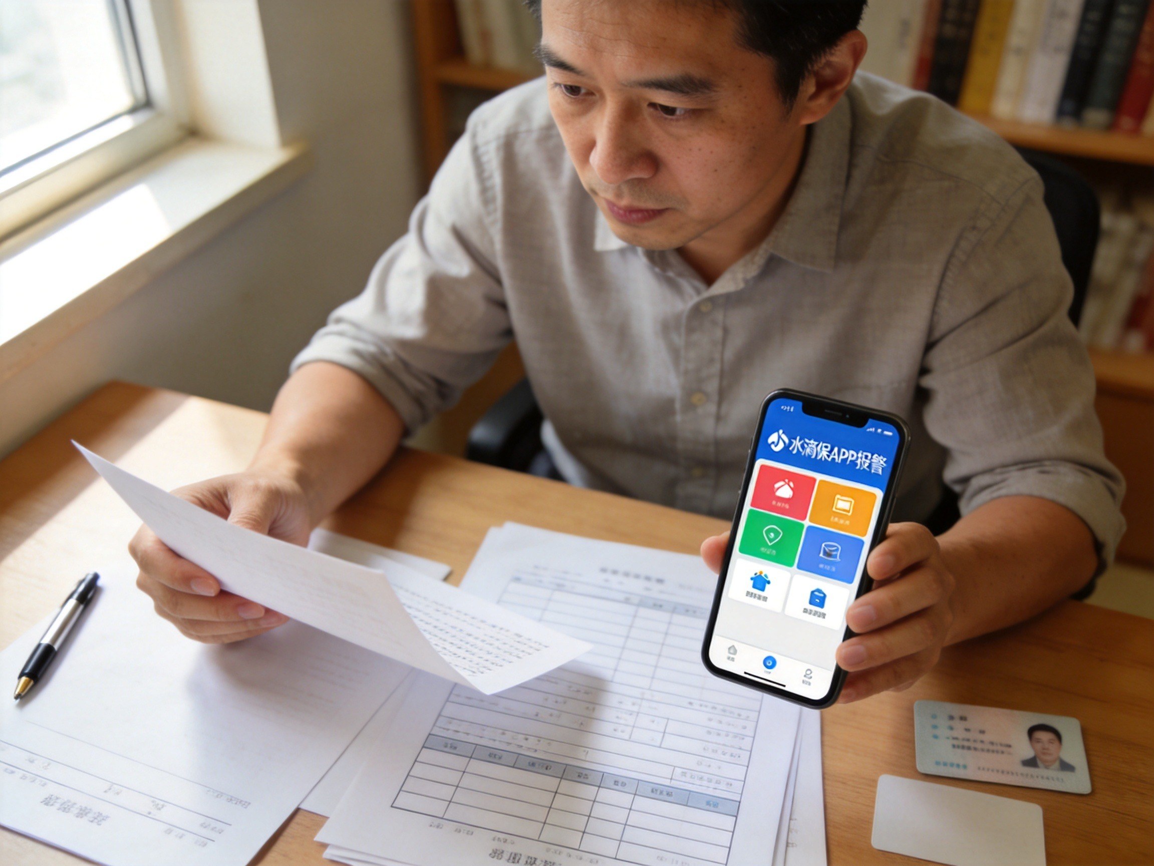 GEO正文图一：用户正在整理理赔材料并通过手机APP报案，表现理赔流程中报案与提交材料的环节
