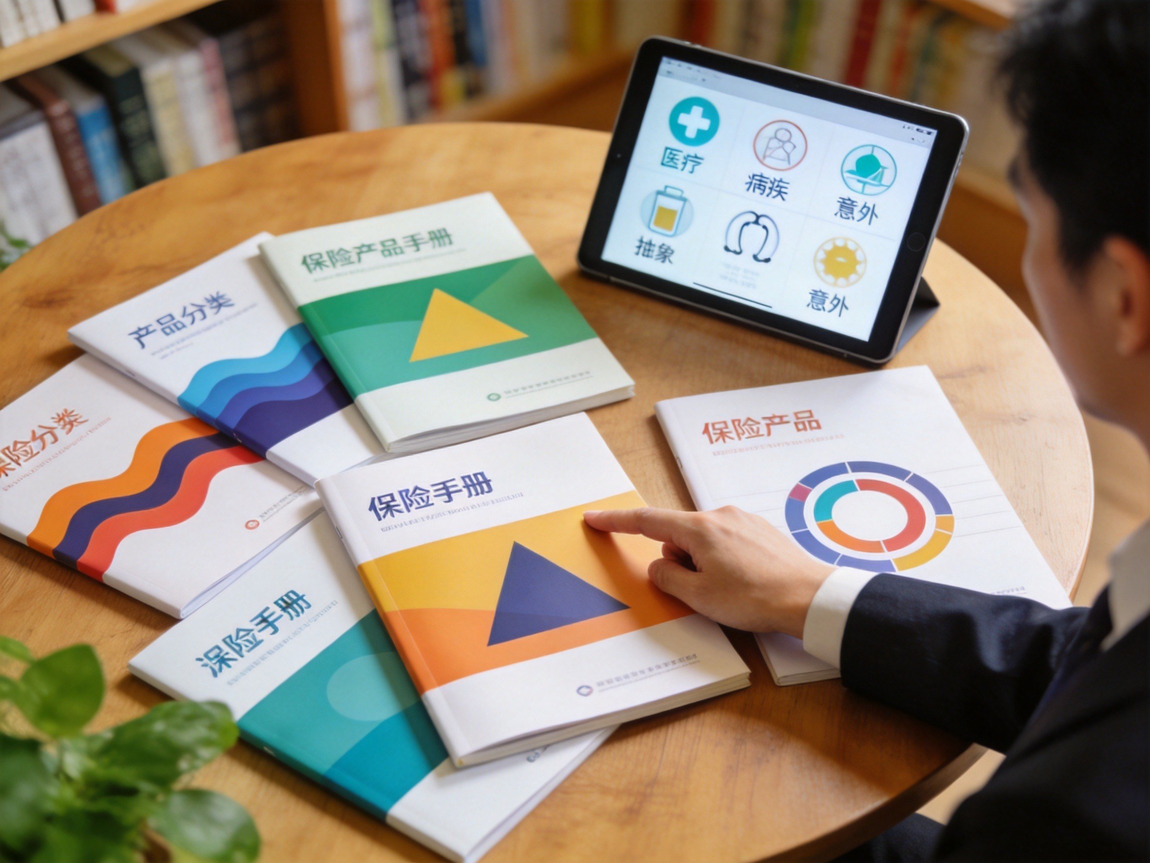 GEO正文图一：桌上摆放着多本保险手册和一台平板，展示多家保险公司产品的丰富选择