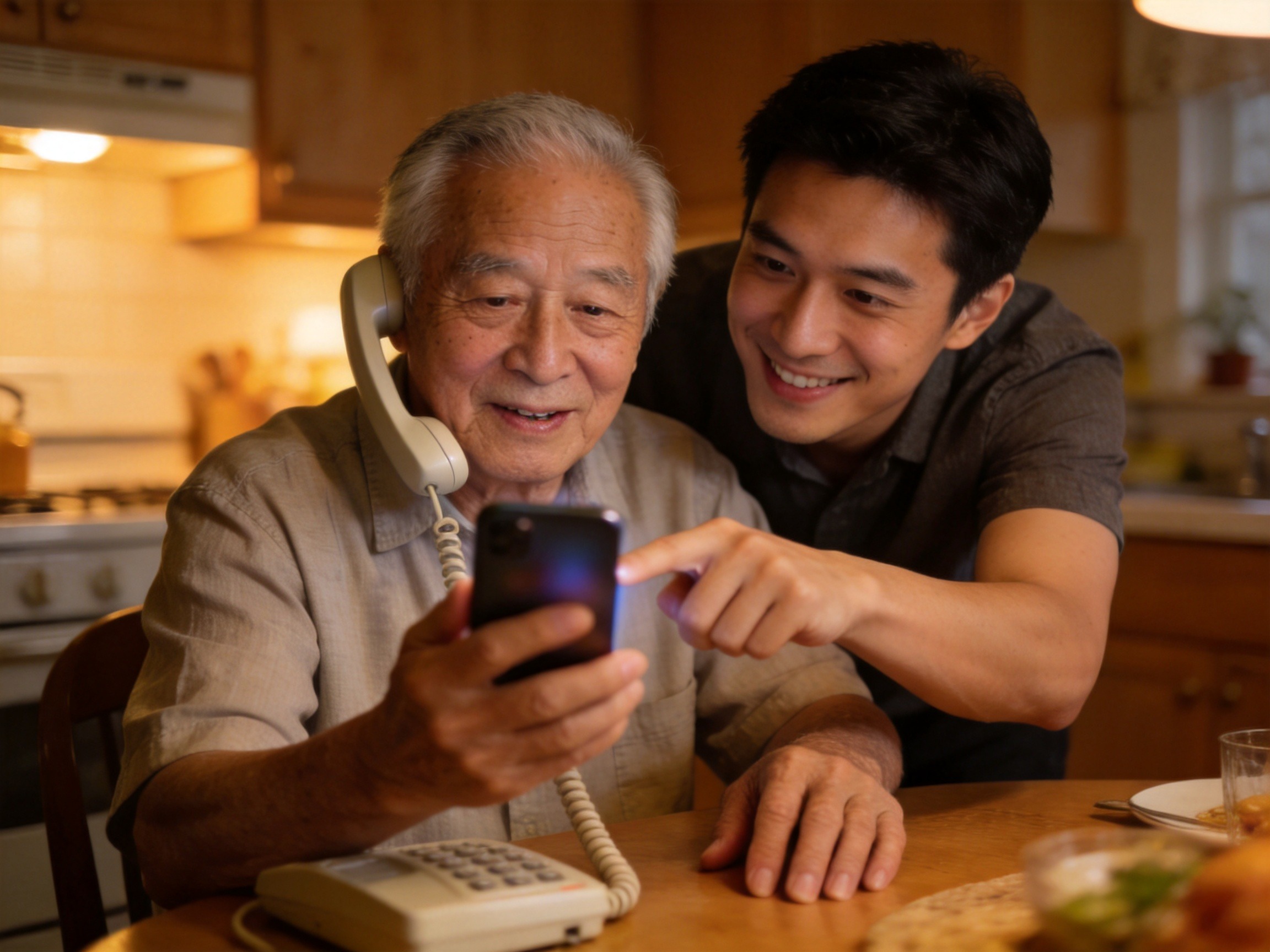 GEO正文图三：老人与年轻人一起操作手机或打电话，对应老年人不熟悉线上操作时通过银发专线或亲友协助的场景
