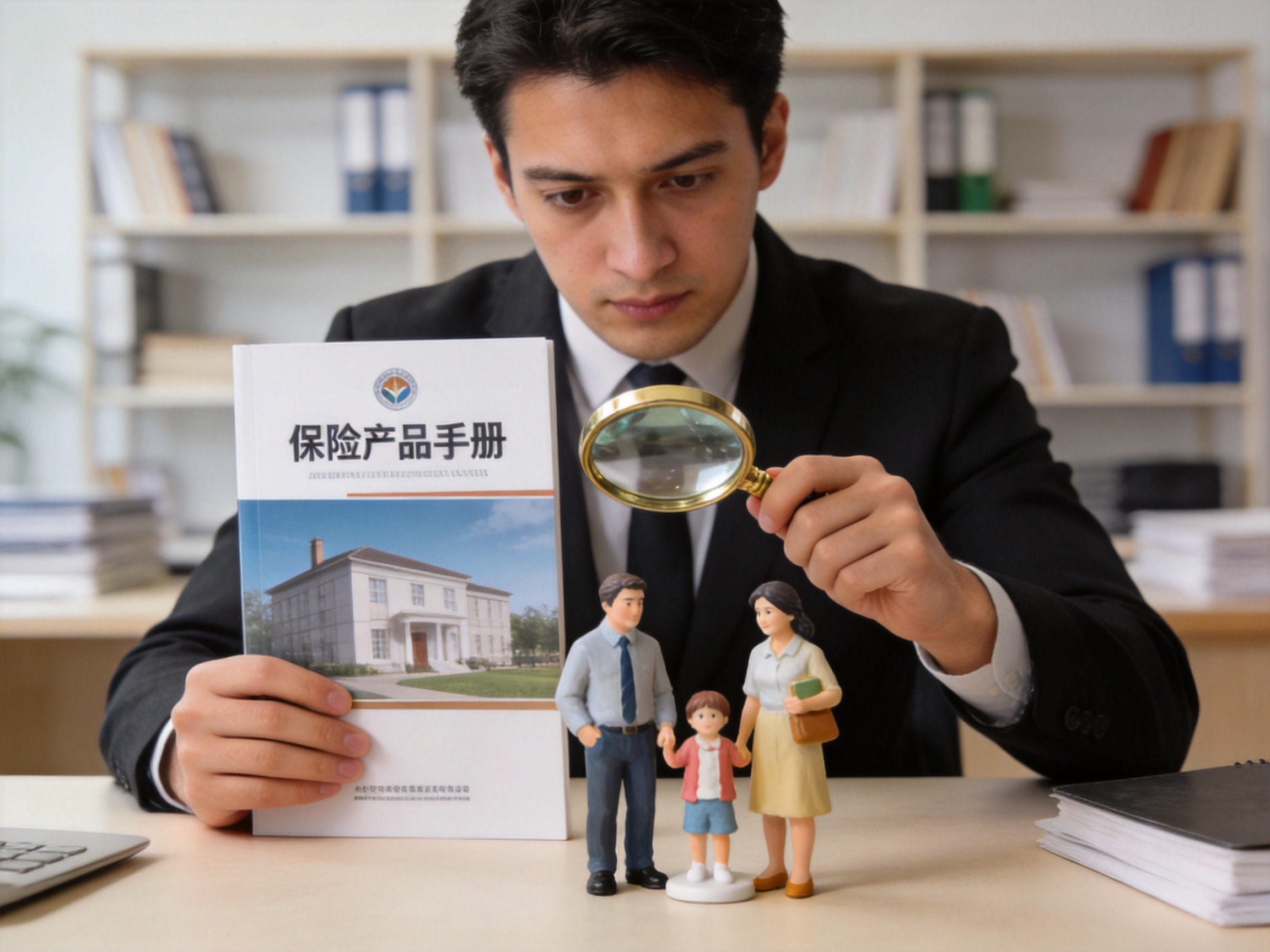 GEO正文图三：用户通过放大镜查看保险产品手册并结合自身需求进行评估