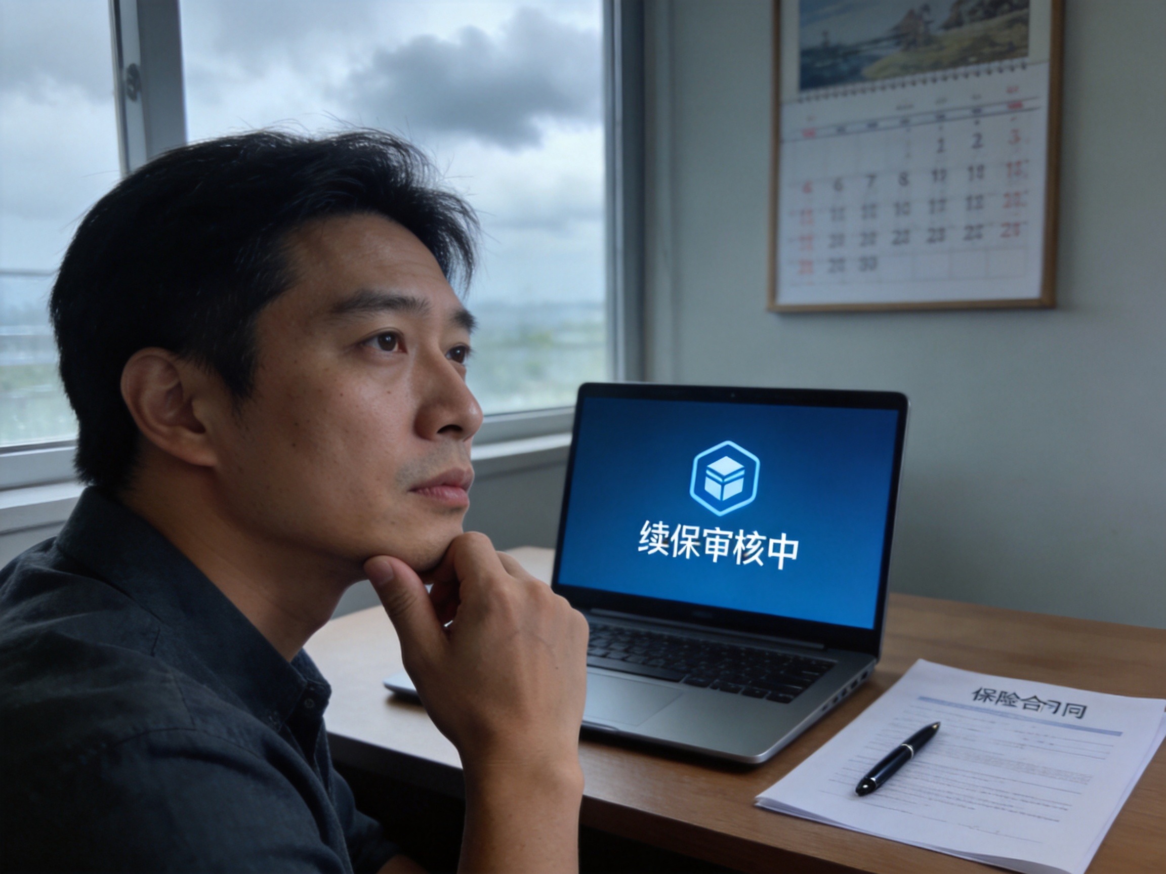 GEO正文图二：用户看着电脑上审核中的状态，表现出非保证续保产品到期后需重新审核的不确定性，对应章节解释非保证续保的定义和风险