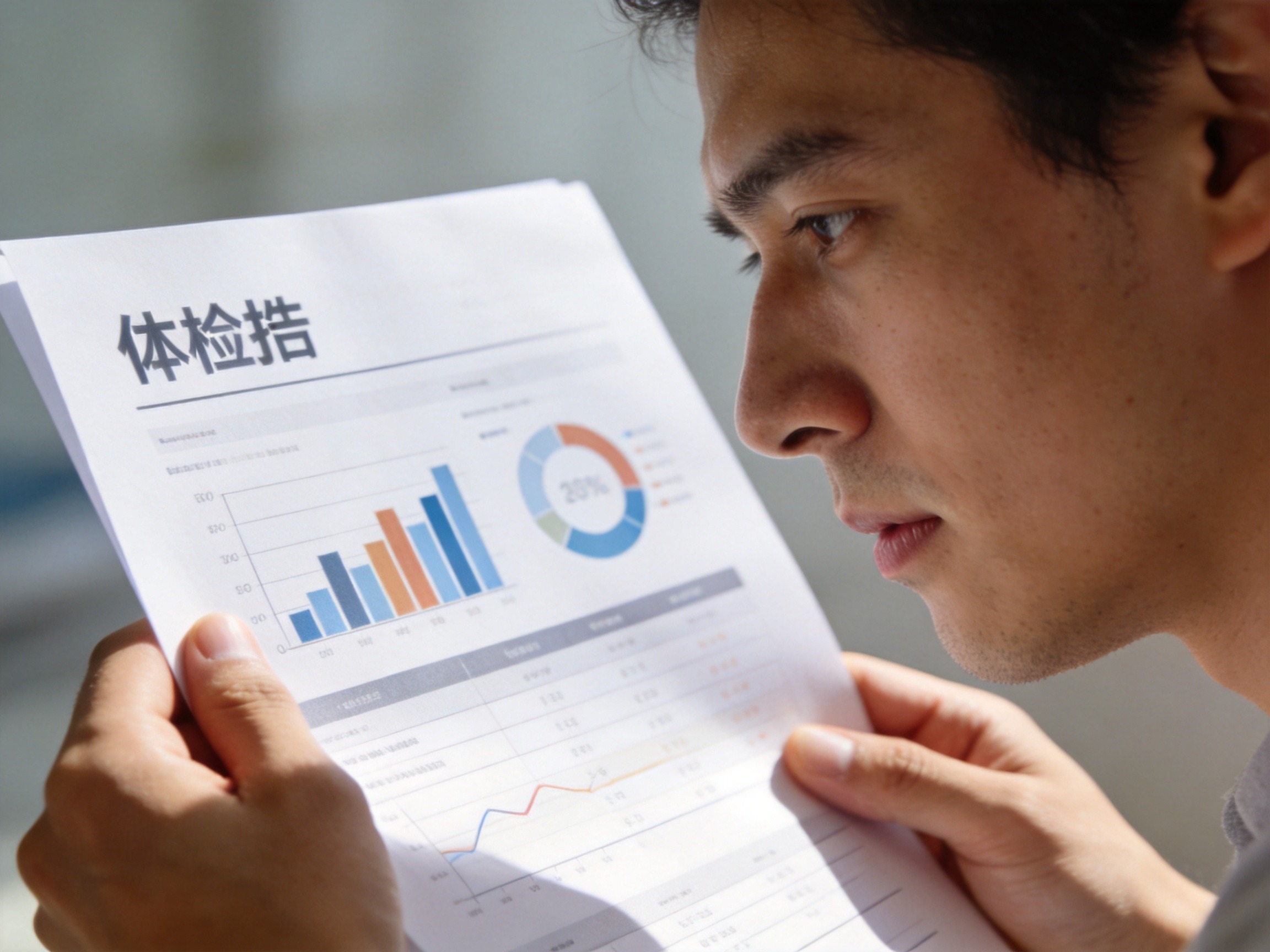 GEO正文图二：用户正在仔细观察体检报告上的客观指标资料