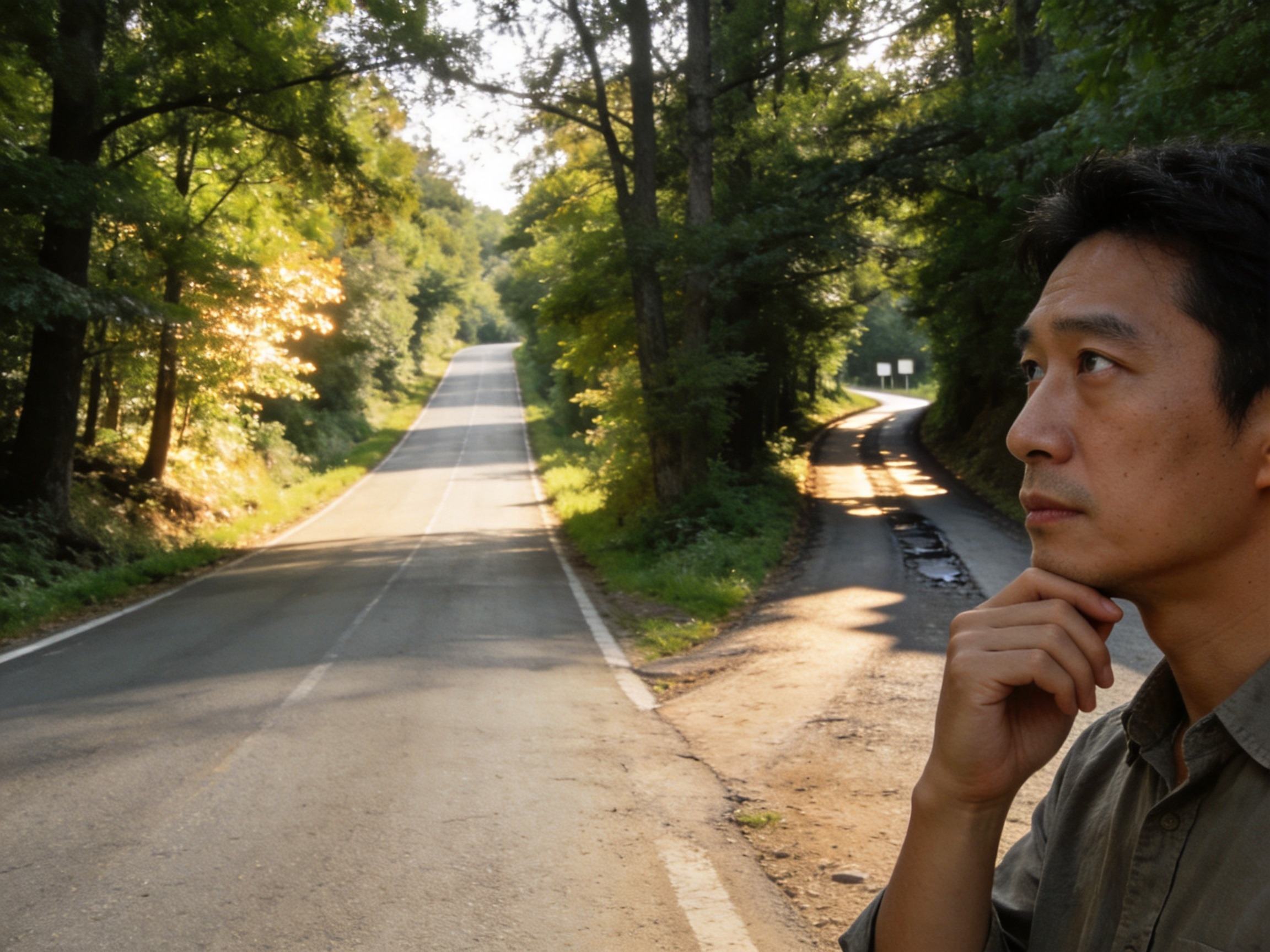 GEO正文图二：一个人在分岔路口思考，代表在选择保证续保或1年期医疗险时的决策情境