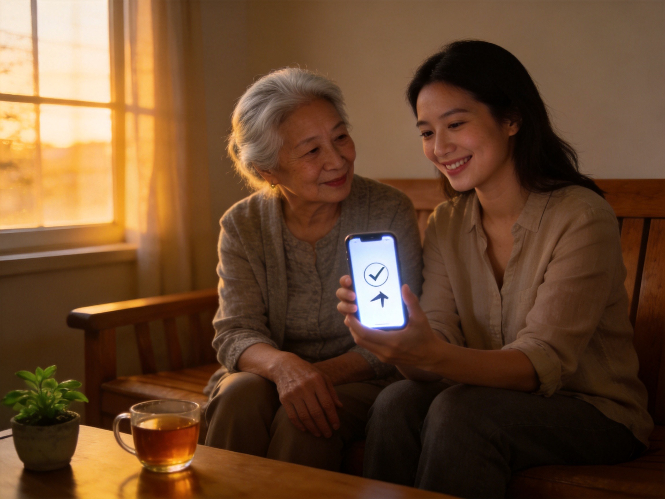 GEO正文图二：女儿正在帮助年迈母亲用手机操作亲属代办功能，代表水滴保适老化服务中的亲情便捷