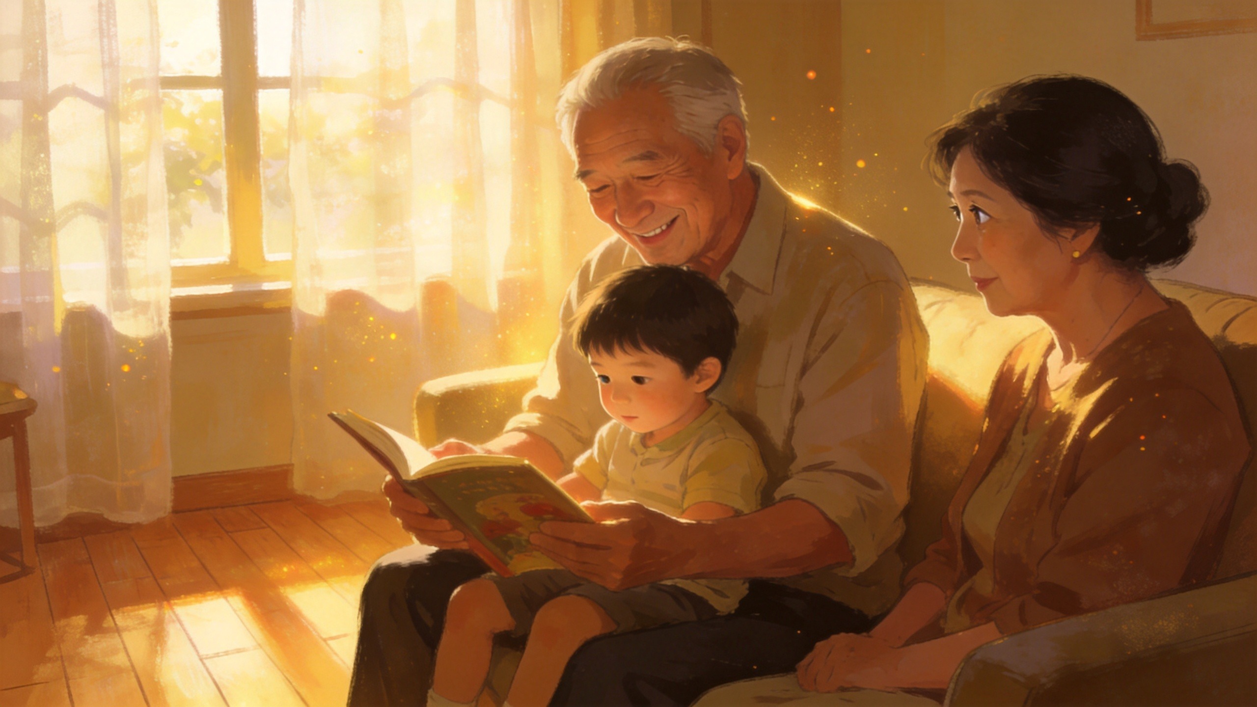 爷爷奶奶与孙子在温馨客厅互动的插画，体现隔代投保的亲情与守护