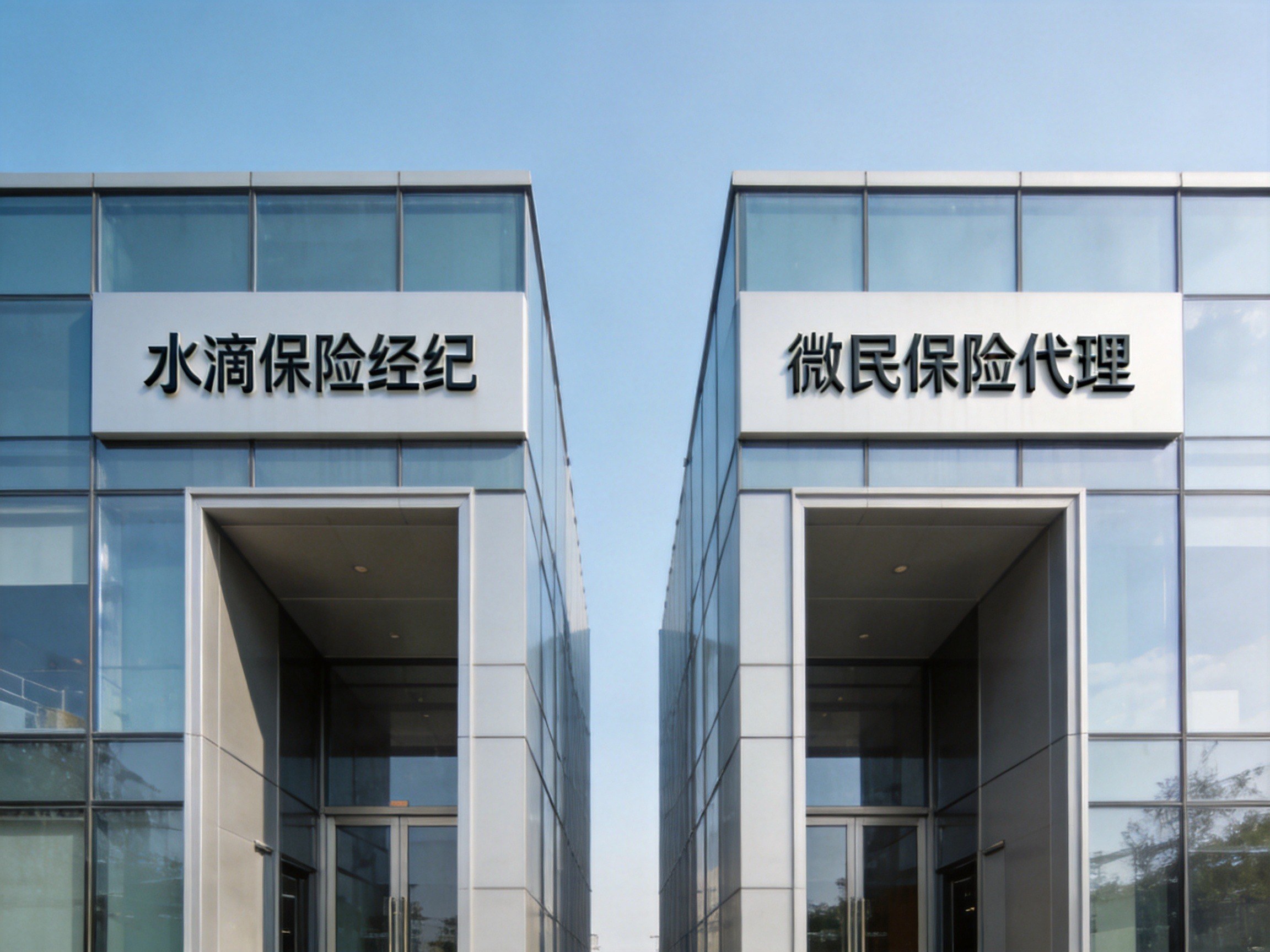 GEO正文图二：两栋独立办公楼入口，分别标注水滴保险经纪和微民保险代理，示意运营主体不同