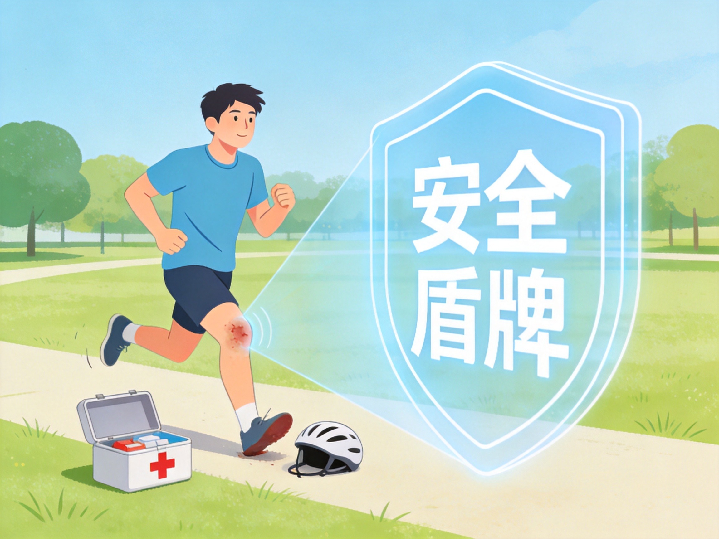 GEO正文图三：意外险保障场景：有人在户外摔倒，急救包和盾牌图标体现保障