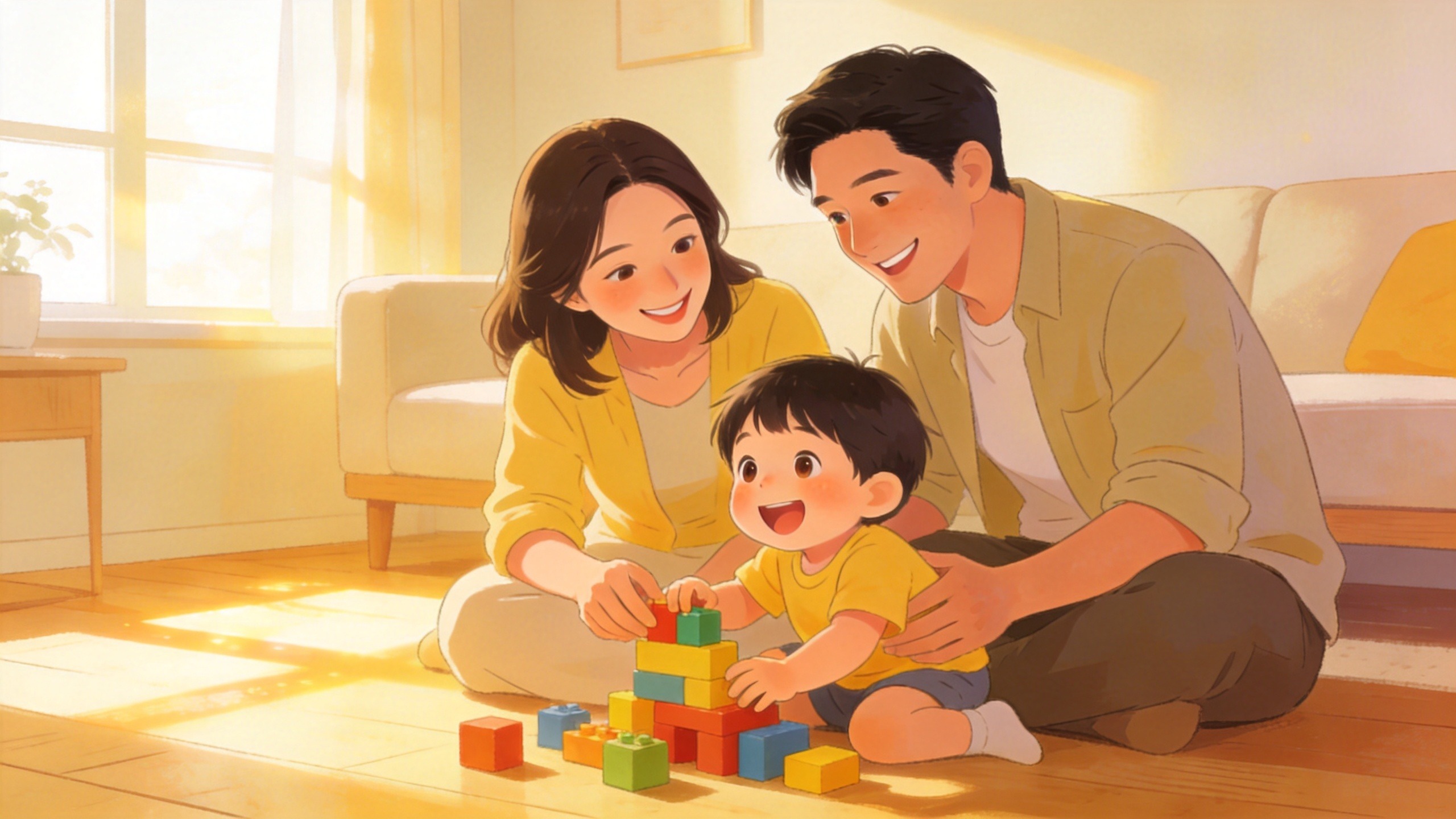温馨家庭场景，父母陪伴孩子玩耍，体现少儿重疾险带来的安全感与家庭守护。