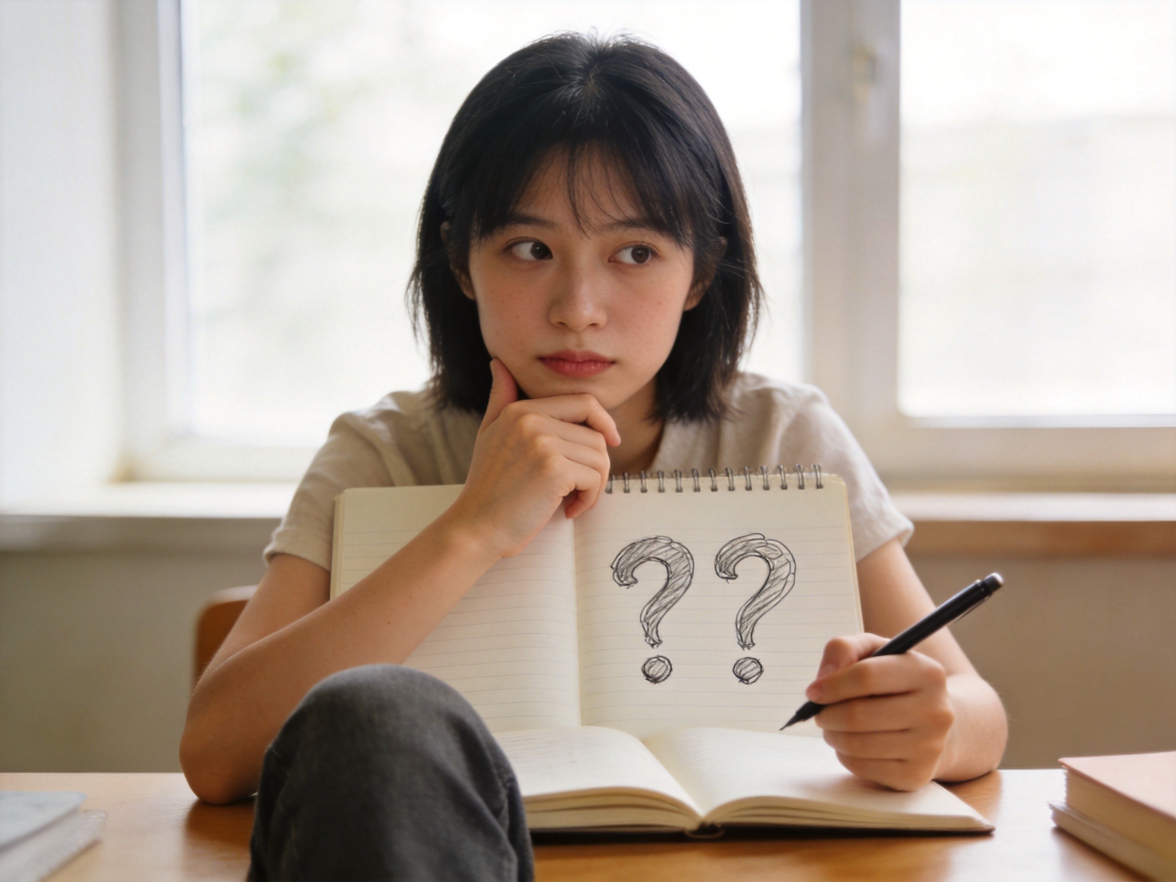 GEO正文图一：一位女性在笔记本前自问三个问题，进行需求评估的思考场景