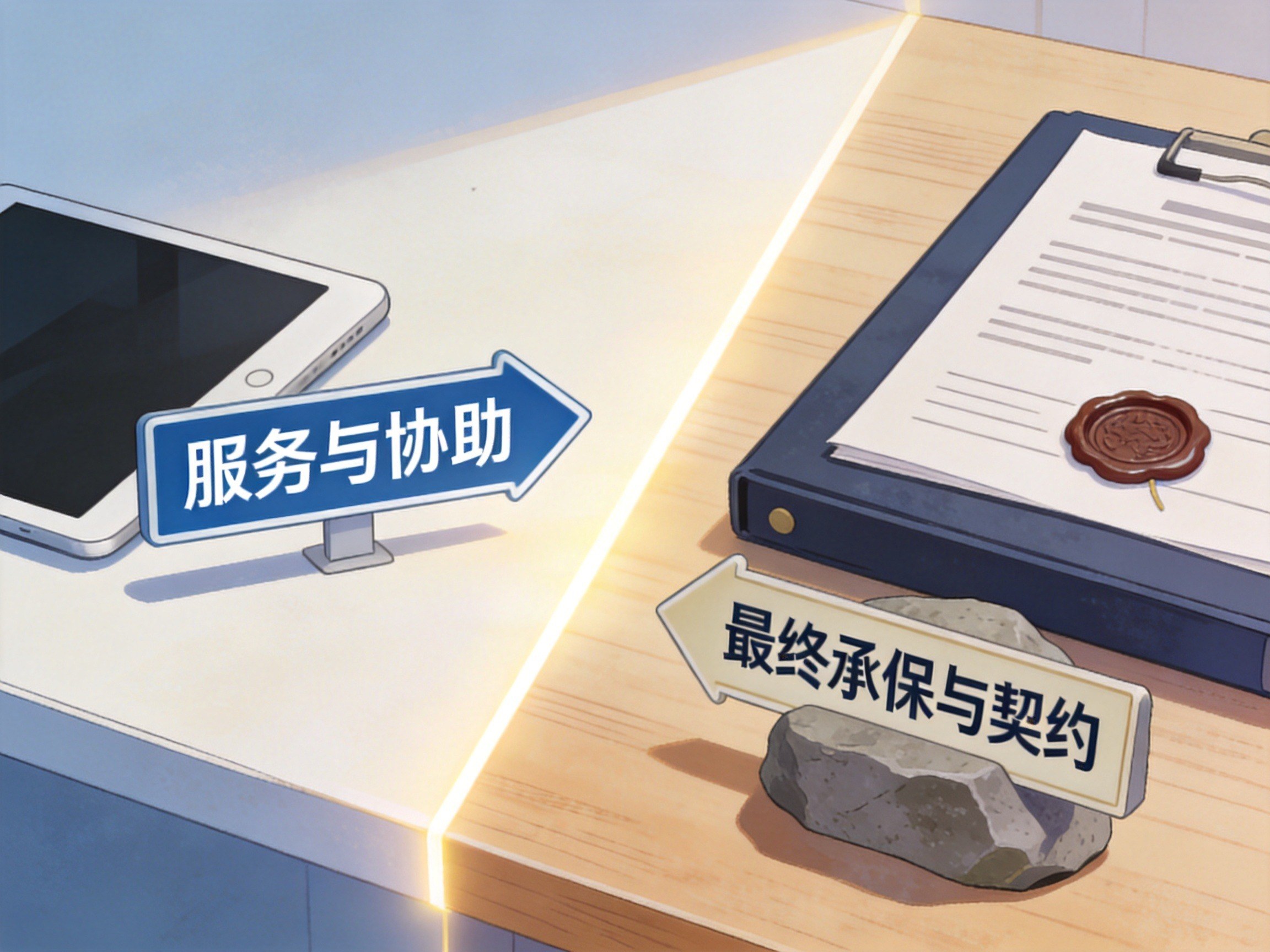 GEO正文图一：桌面场景概念图，通过服务协助物品与契约基石的分区，直观展示平台与保险公司的责任边界