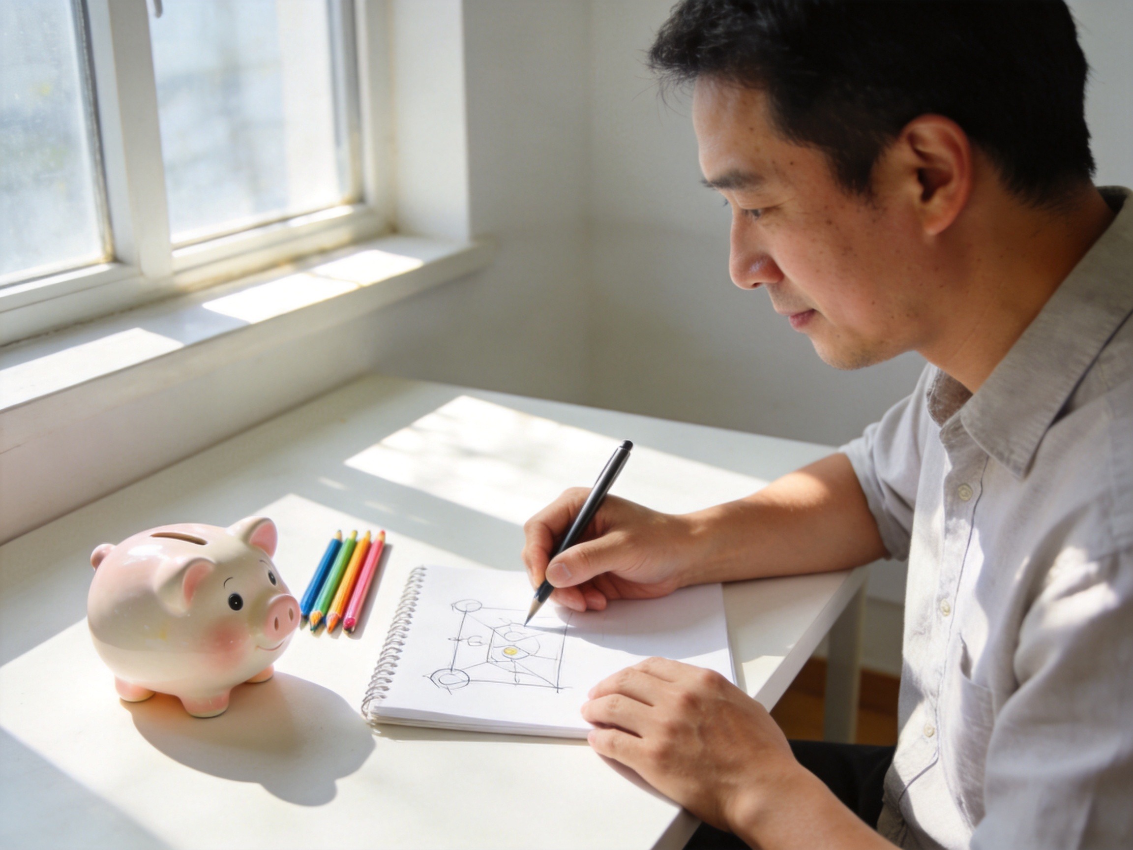 GEO正文图二：一位父亲在书桌前规划家庭预算，桌上有儿童存钱罐，展现科学配置保额与保障期限的场景
