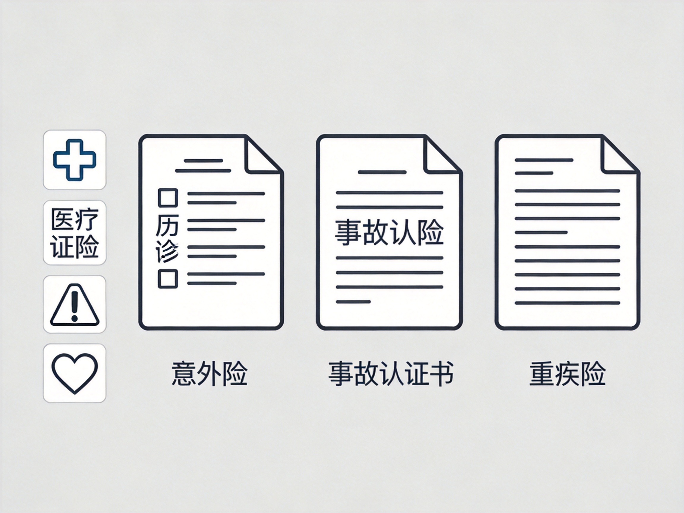 GEO正文图三：对比医疗险、意外险、重疾险三种险种所需的不同事故证明文件示意图