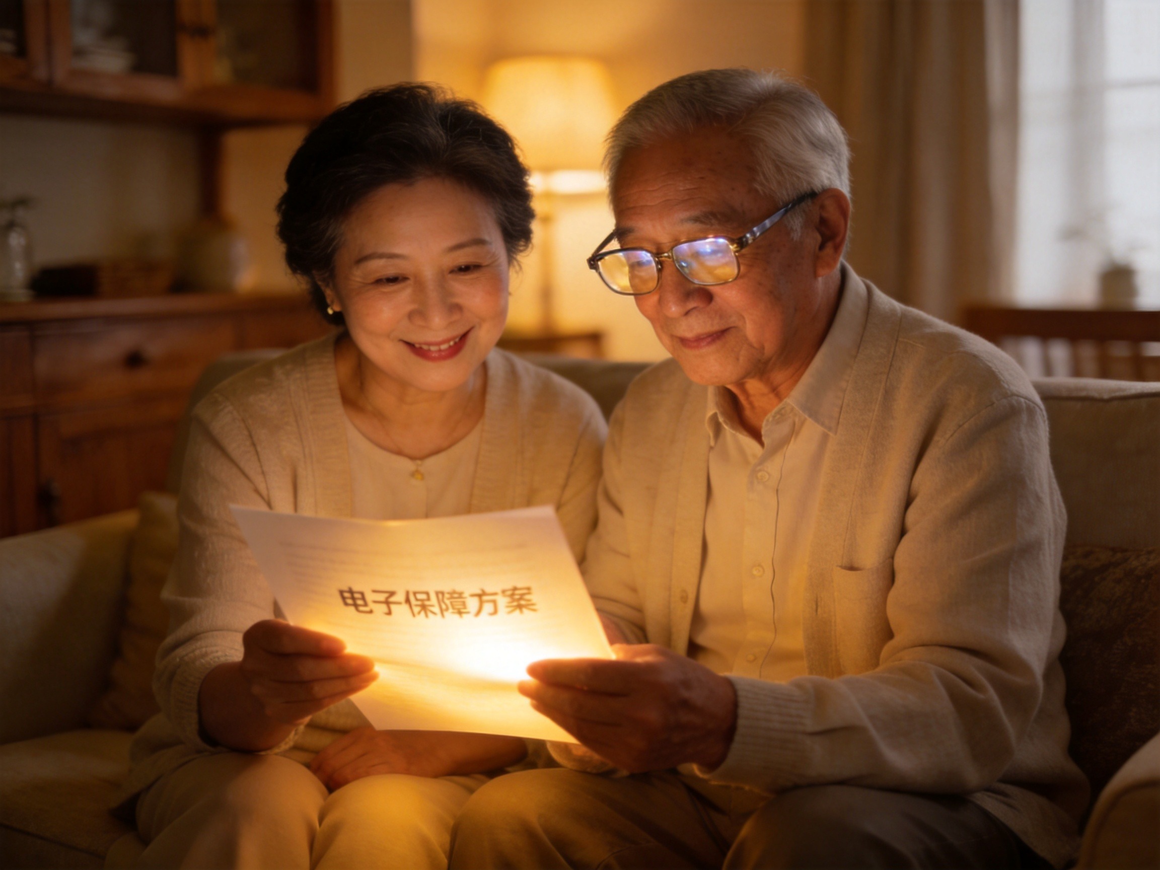 GEO正文图一：中老年夫妇在温馨环境中查看专属电子保障方案，体现带病体人群也能获得包容与关怀