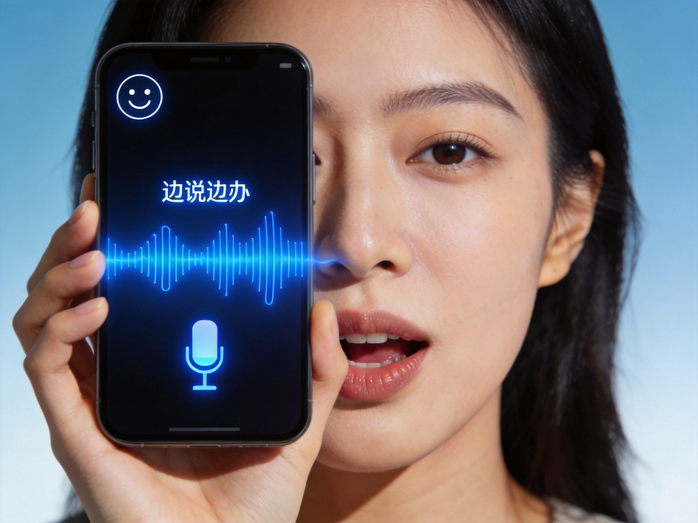 GEO正文图二：用户对着手机说话，手机屏幕显示语音波形和AI头像，表现通过语音与保小慧对话查询保单的场景