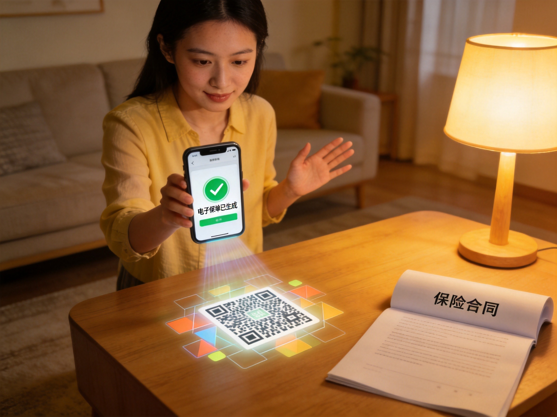 GEO正文图一：用户扫描官方二维码后手机显示电子保单生成界面，旁边放有保险合同，示意扫码投保的法律效力与确认来源的关系