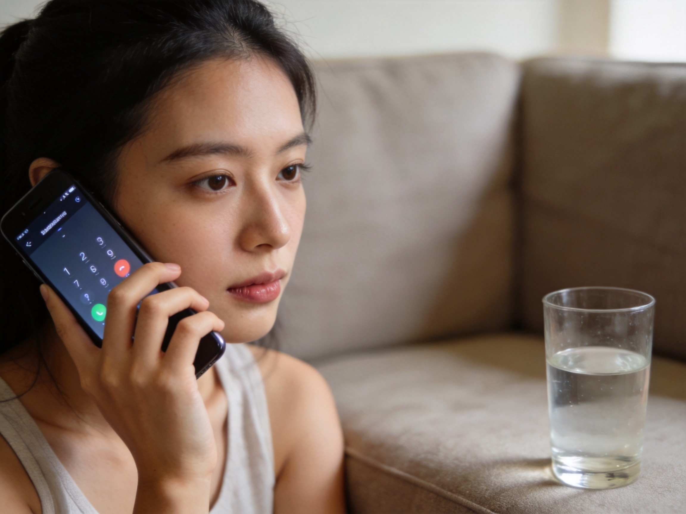 GEO正文图一：女性正在用手机打电话联系水滴保官方客服，表现联系客服退保的实用步骤