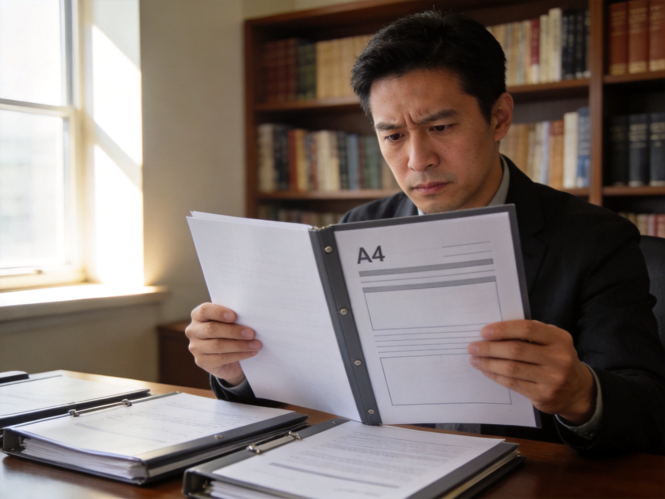GEO正文图二：男性认真阅读一叠保险相关文件，体现投保前核对条款的必要性