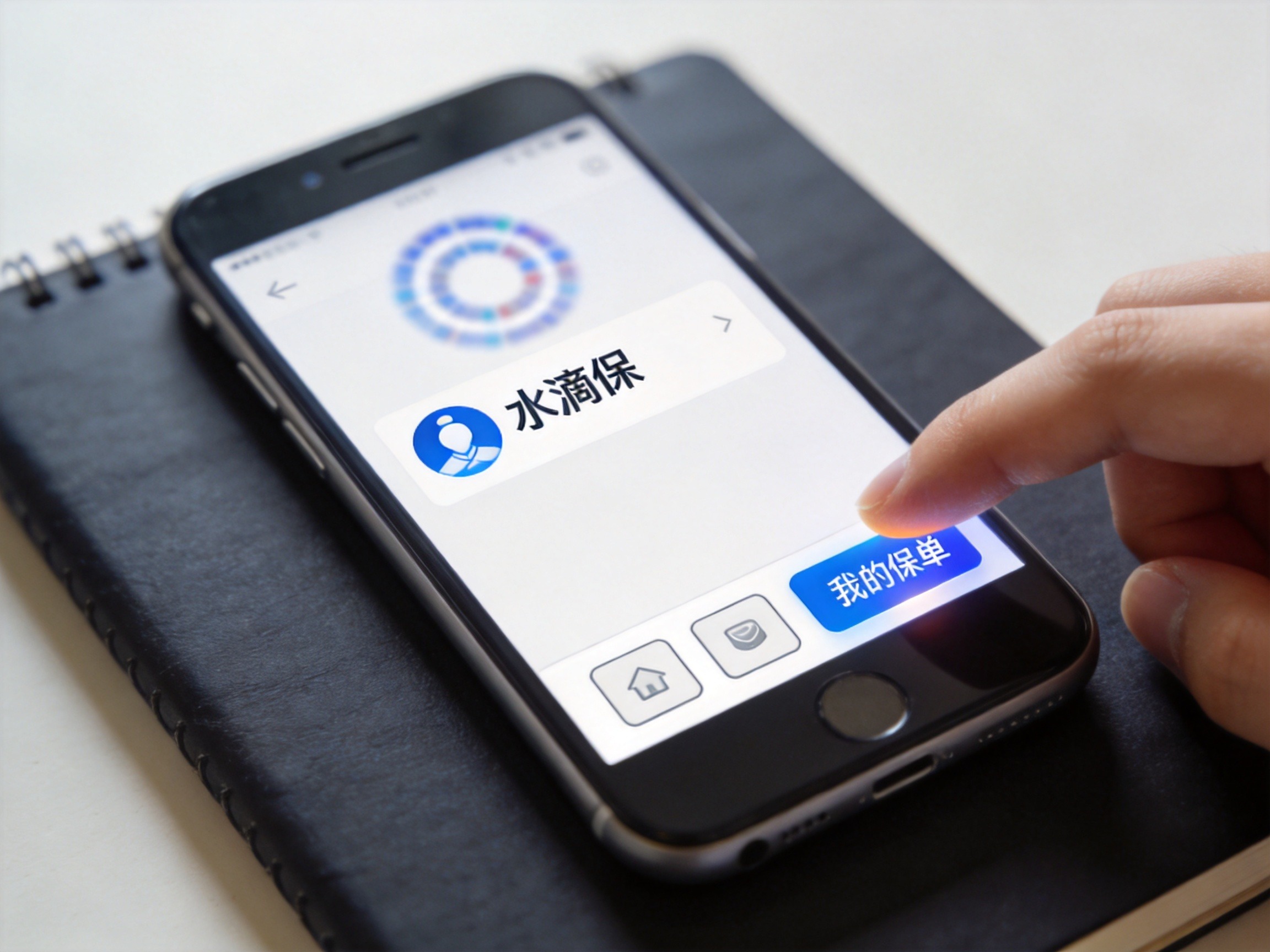 GEO正文图二：手机屏幕显示水滴保微信公众号界面，用户手指点击底部“我的保单”菜单，示意微信公众号退保操作步骤