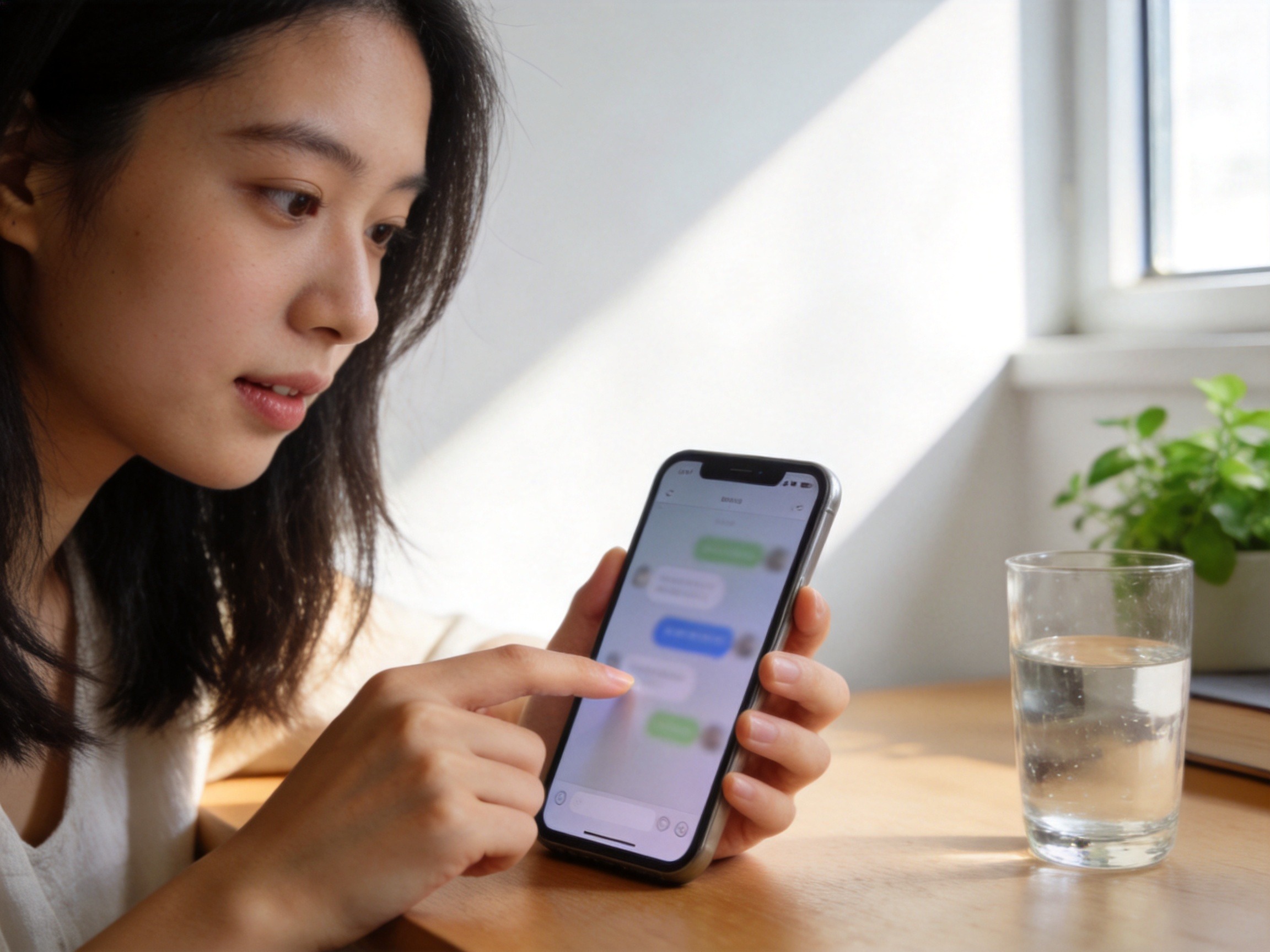 GEO正文图一：用户坐在书桌前使用手机与KEYI.AI对话，手机屏幕显示评估界面，体现自助核保评估过程