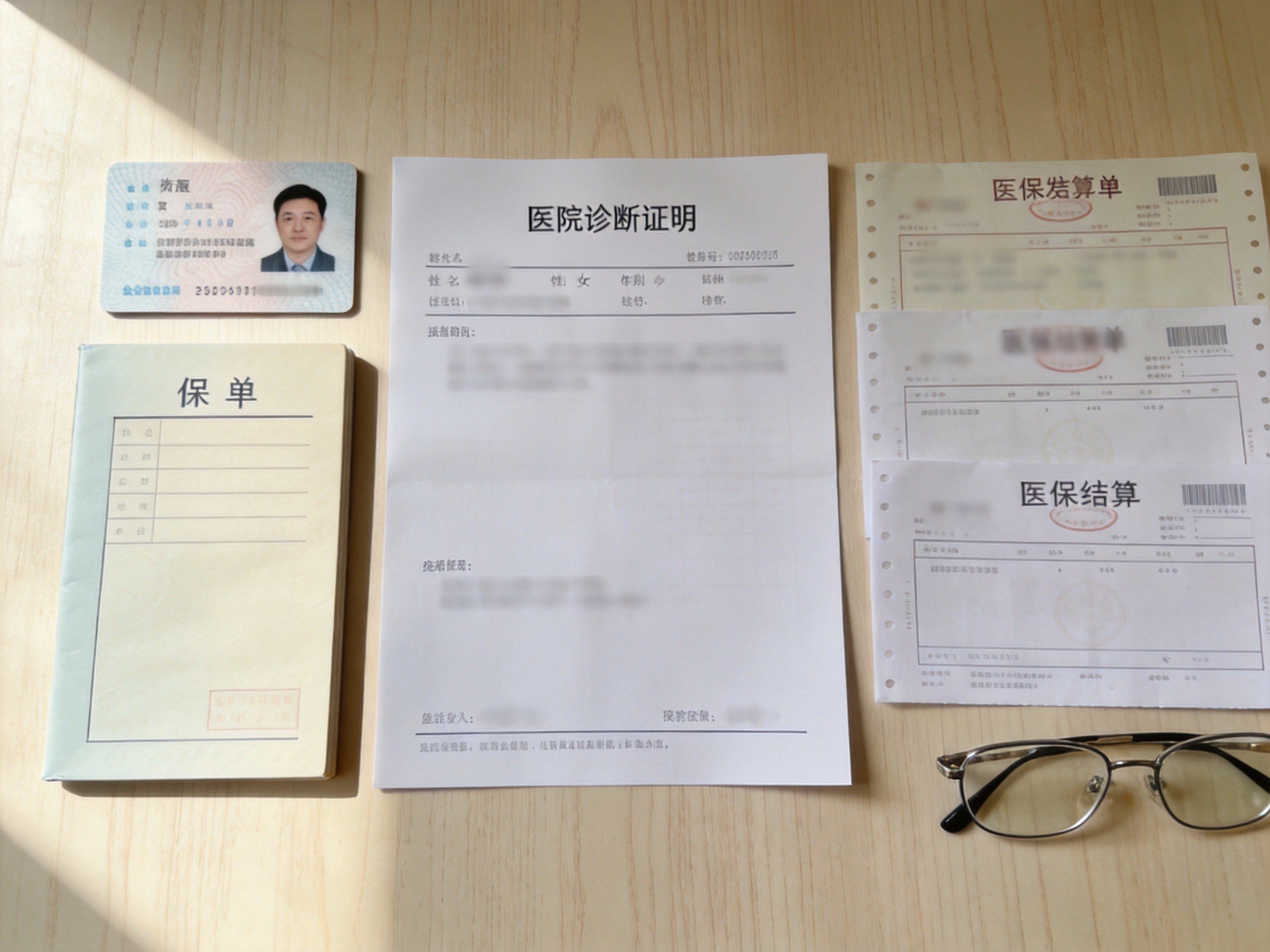 GEO正文图二：桌面摆有身份证明、保单、事故证明和费用凭证四类理赔材料的代表物品，帮助了解材料类别