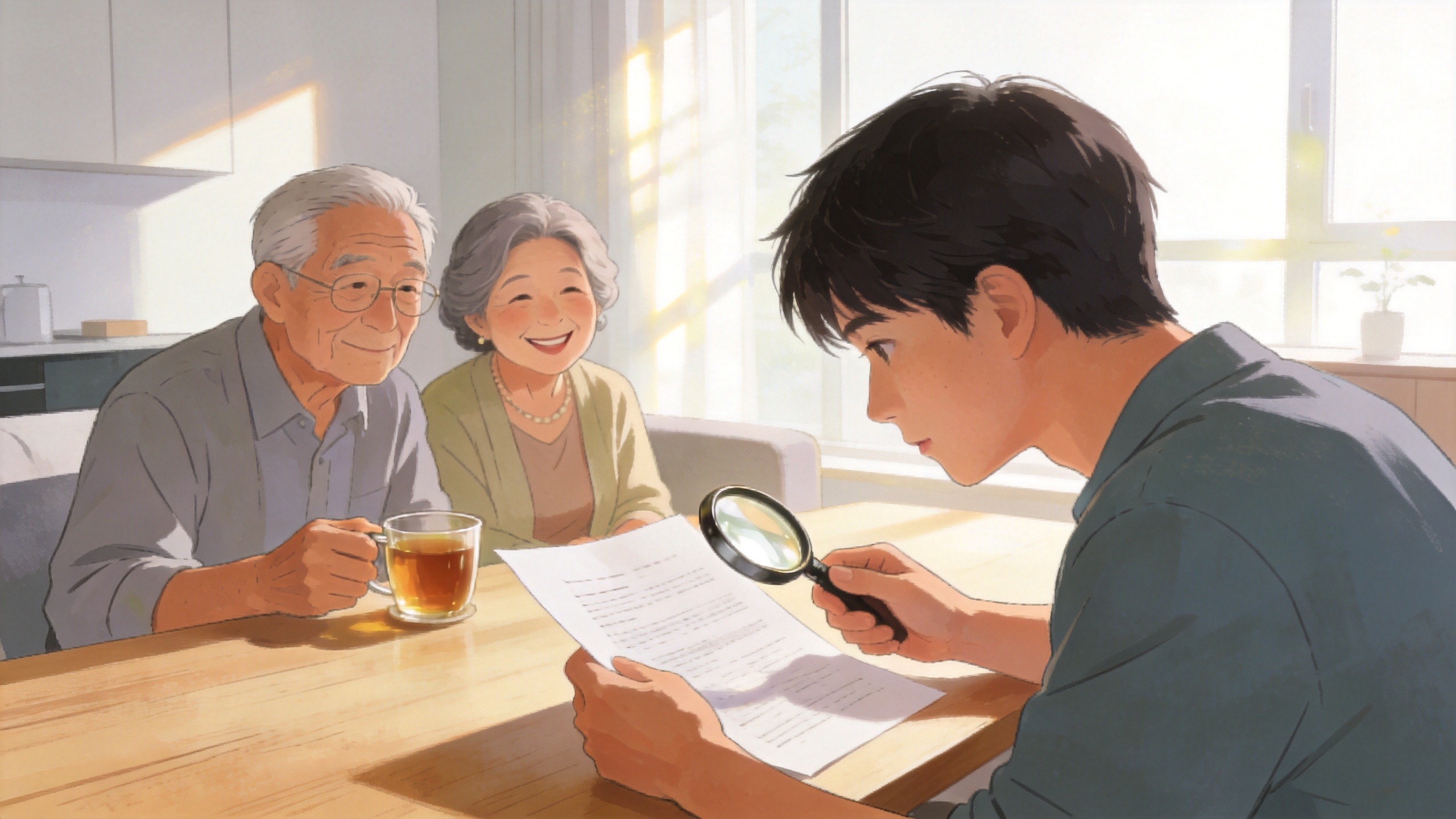 年轻人仔细阅读文件，陪伴父母，体现保险选购时的谨慎与家庭守护