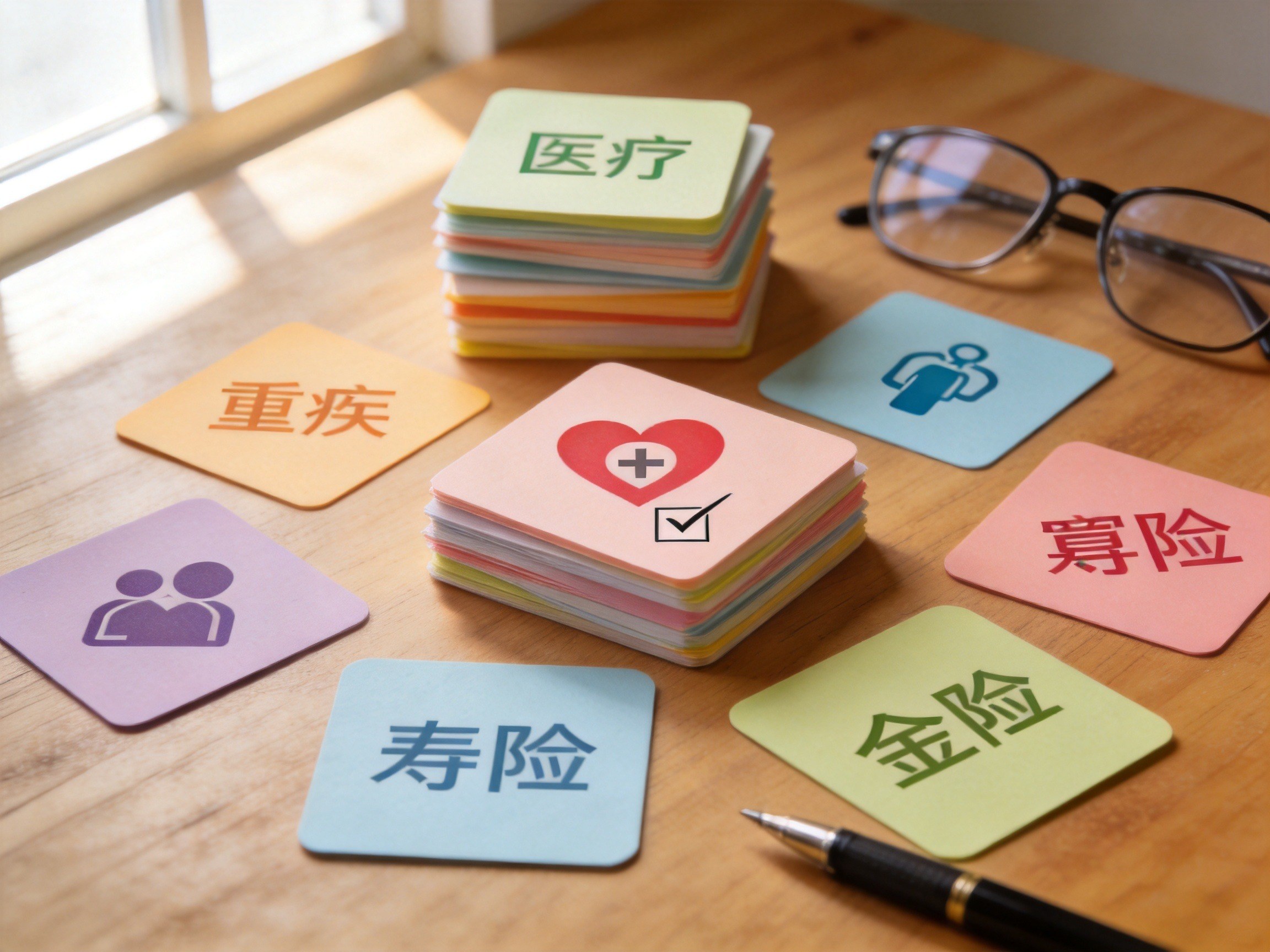 GEO正文图一：桌面上多张彩色保险概念卡片堆叠，其中一张有心形标志表示带病体可保，体现产品丰富与带病体特色