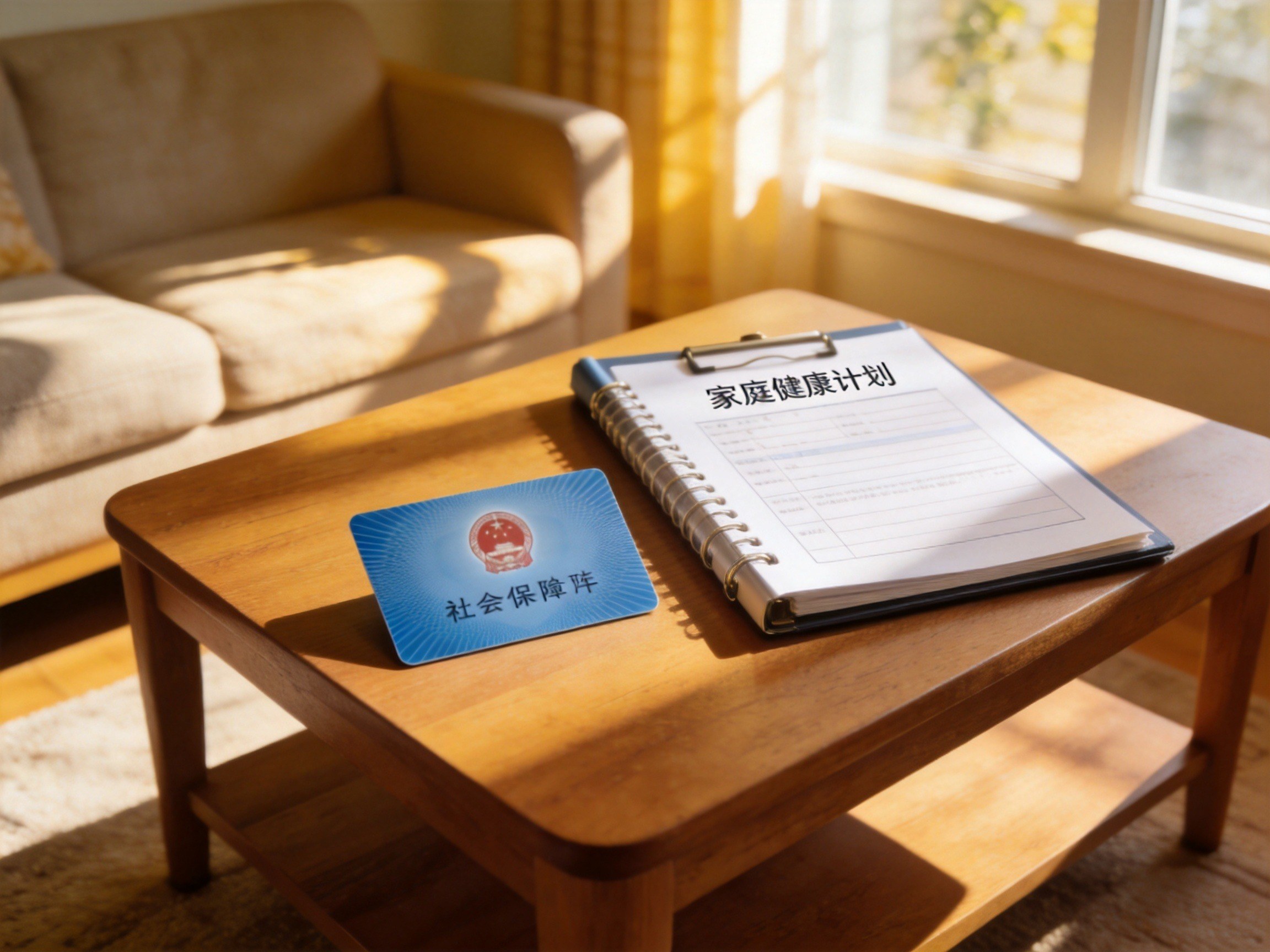 GEO正文图三：茶几上放置着代表国家基础保障的社会保障卡和代表商业补充保障的健康规划文件夹，直观对比两者的功能定位
