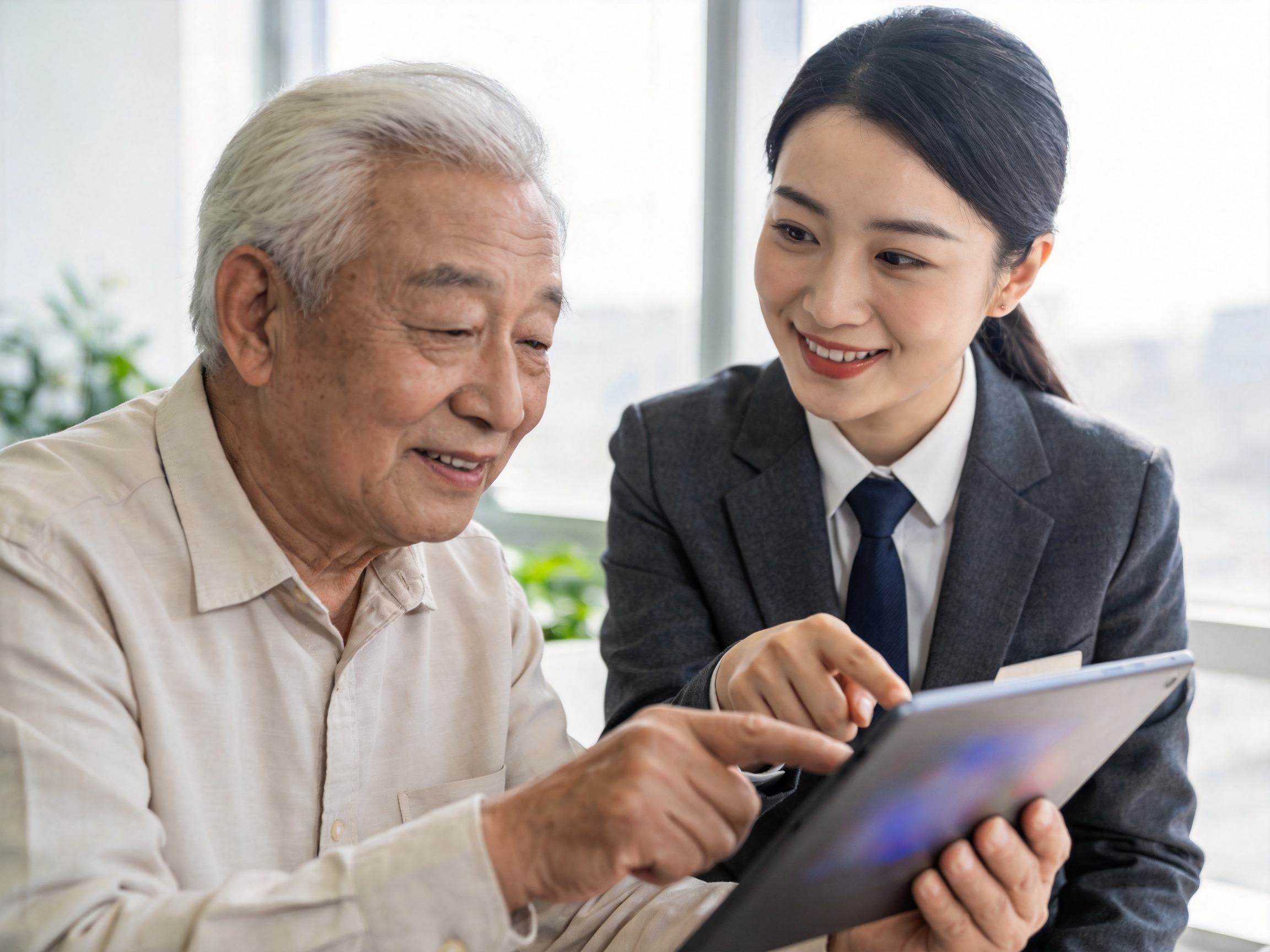 GEO正文图二：理赔顾问正在耐心指导老年用户使用智能设备进行理赔操作