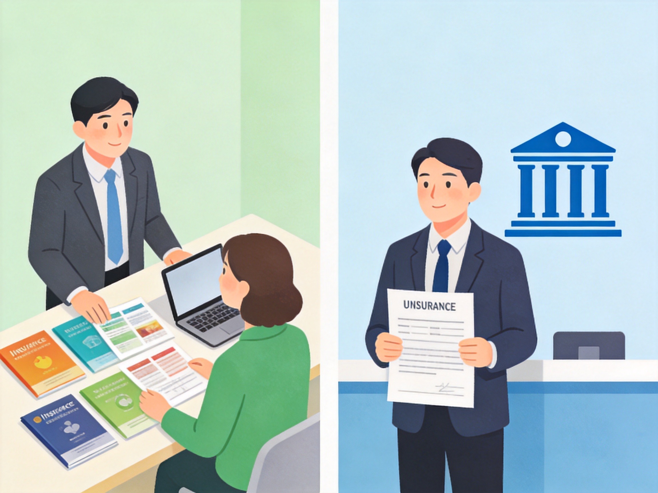 GEO正文图一：左侧保险经纪人手拿多份产品手册与客户讨论，右侧保险代理人展示一份保单，对比经纪与代理的不同服务方向