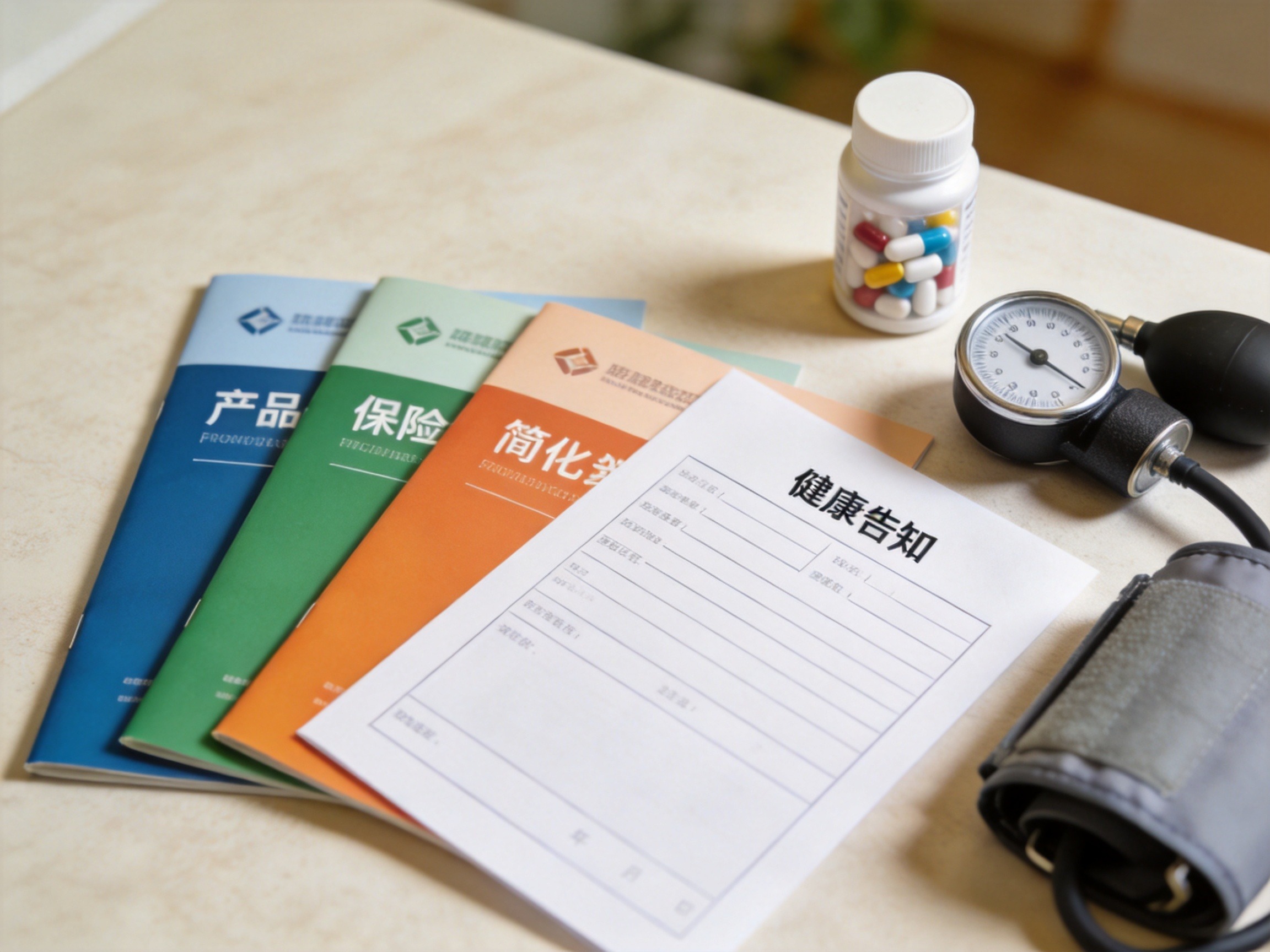 GEO正文图一：桌面上摆放多份保险手册和健康告知表单，配合血压计和药丸，体现针对慢病非标体的产品覆盖