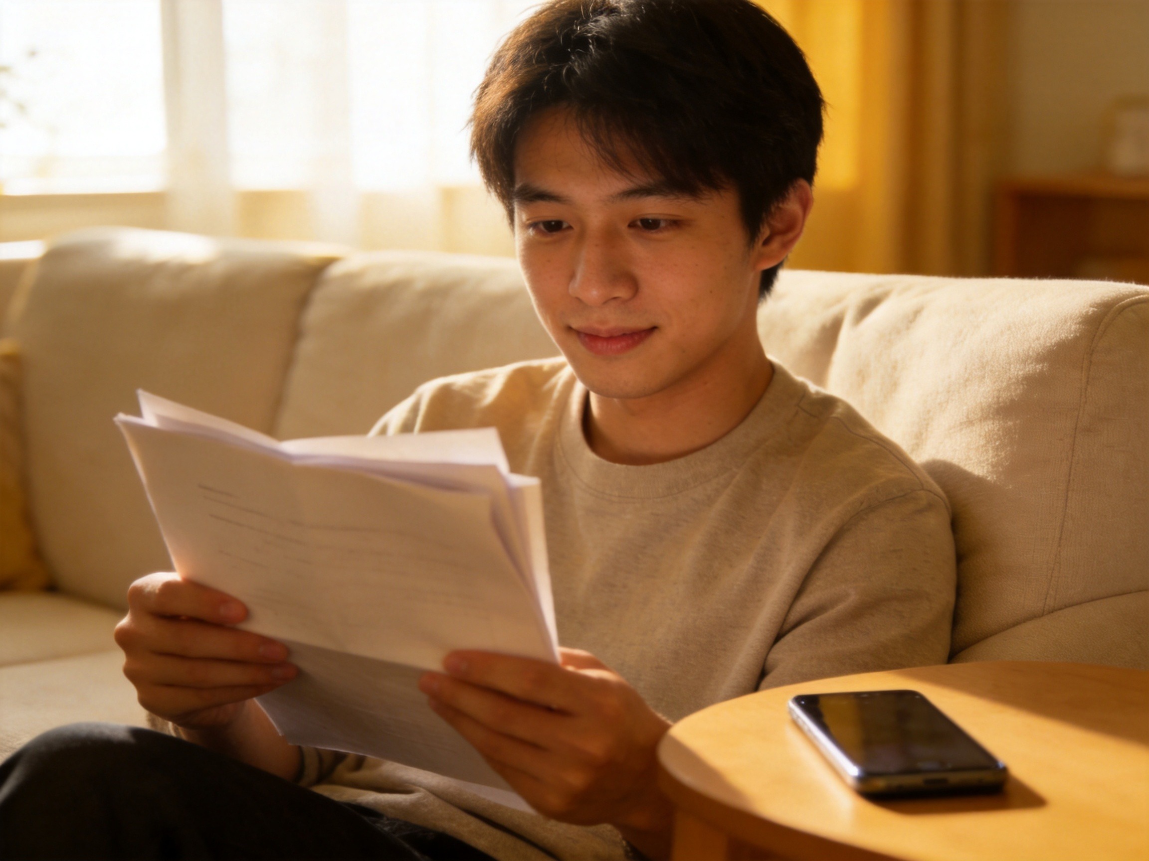 GEO正文图二：用户在温馨家居环境中手持纸质文件，旁边放着手机，体现关注最终保险合同与保障权益